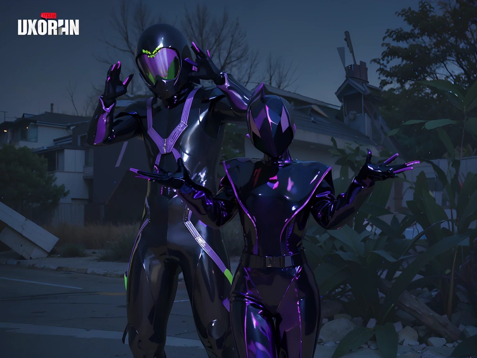 Allalyn in shiny purple cat suit sitting on the floor, latex shiny, wearing atsuko kudo latex outfit, wearing tight suit, smooth purple skin, Purple body, shiny metallic glossy skin, shiny plastic, futuristic glossy latex suit, shiny plastic armor, shiny glossy skin, tight full body suit, Wearing latex, shiny and metallic, Glowing purple, Glossy　open one's legs　M-shaped legs　angry expressions　sullenness