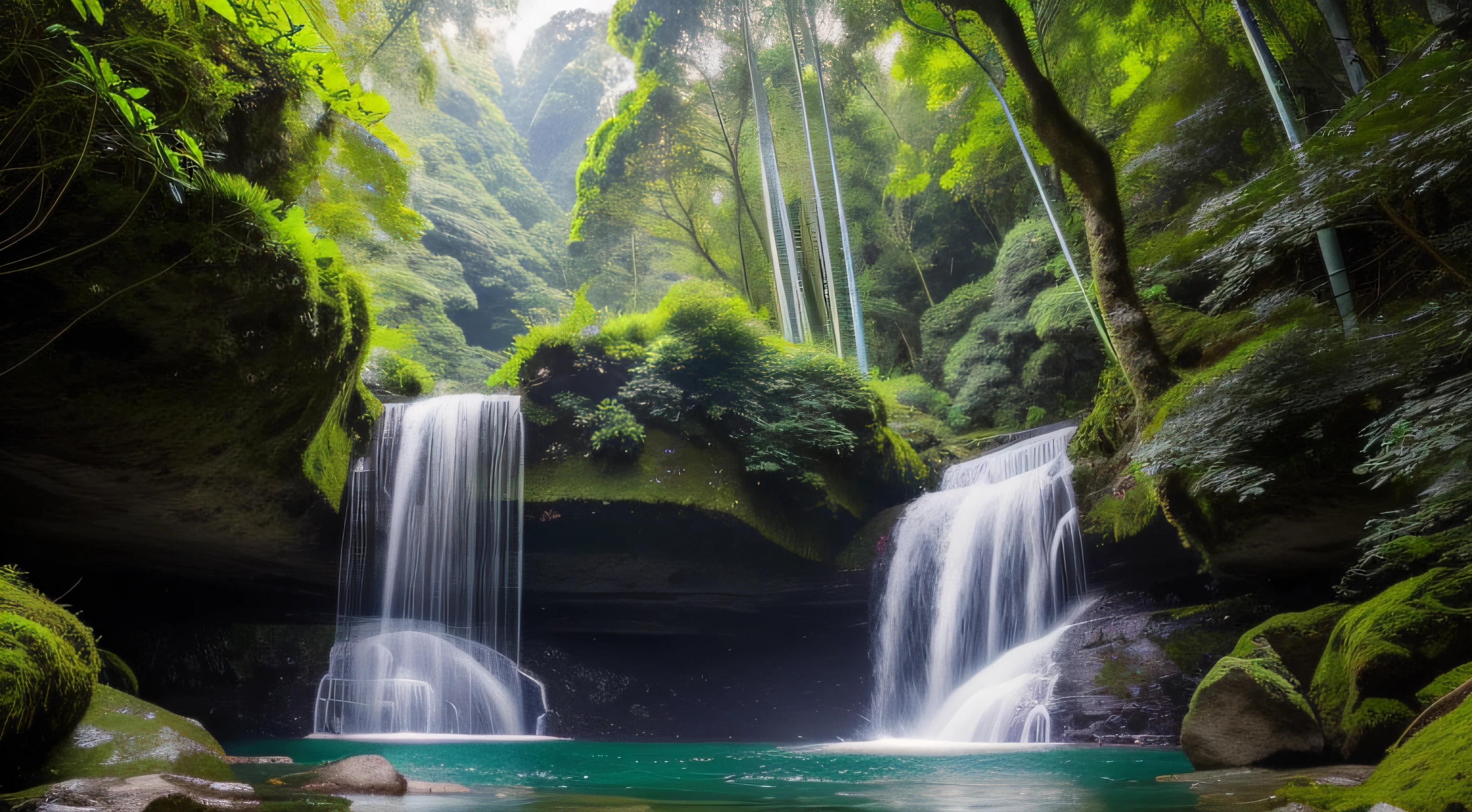 Masterpiece, best quality, 8K, high res, ultra-detailed, A scene of a waterfall cascading down a high cliff amongst lush greenery, adorned by vibrant flowers, towering pines, and delicate bamboo groves,no humans, sakura, beautiful view, ultra-detailed, fine detailed, highly detailed, intricate, highly detailed, ultra-detailed, scenery,no humans, lush green mountains, winding rivers, misty atmosphere, solitary, intricate details, delicate features, verdant trees, blooming flowers, druid's circle, soft moss, deep forest, intricate leaves and vines, wisps of light, still pool of water, pristine, verdant green, A picturesque scene of a waterfall cascading down a high cliff amongst lush greenery, adorned by vibrant flowers, towering pines, and delicate bamboo groves.