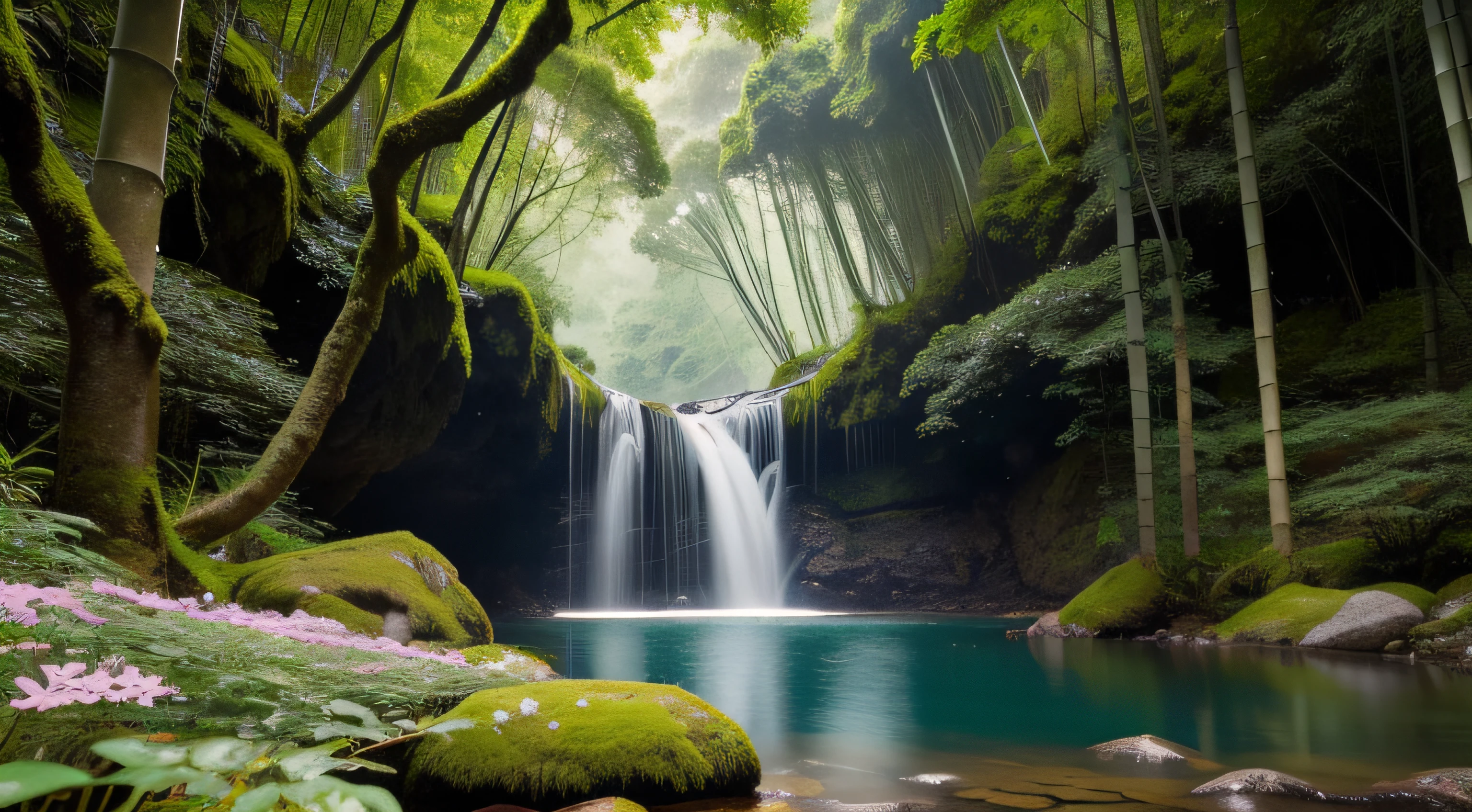 Masterpiece, best quality, 8K, high res, ultra-detailed, A scene of a waterfall cascading down a high cliff amongst lush greenery, adorned by vibrant flowers, towering pines, and delicate bamboo groves,no humans, sakura, beautiful view, ultra-detailed, fine detailed, highly detailed, intricate, highly detailed, ultra-detailed, scenery,no humans, lush green mountains, winding rivers, misty atmosphere, solitary, intricate details, delicate features, verdant trees, blooming flowers, druid's circle, soft moss, deep forest, intricate leaves and vines, wisps of light, still pool of water, pristine, verdant green, A picturesque scene of a waterfall cascading down a high cliff amongst lush greenery, adorned by vibrant flowers, towering pines, and delicate bamboo groves.