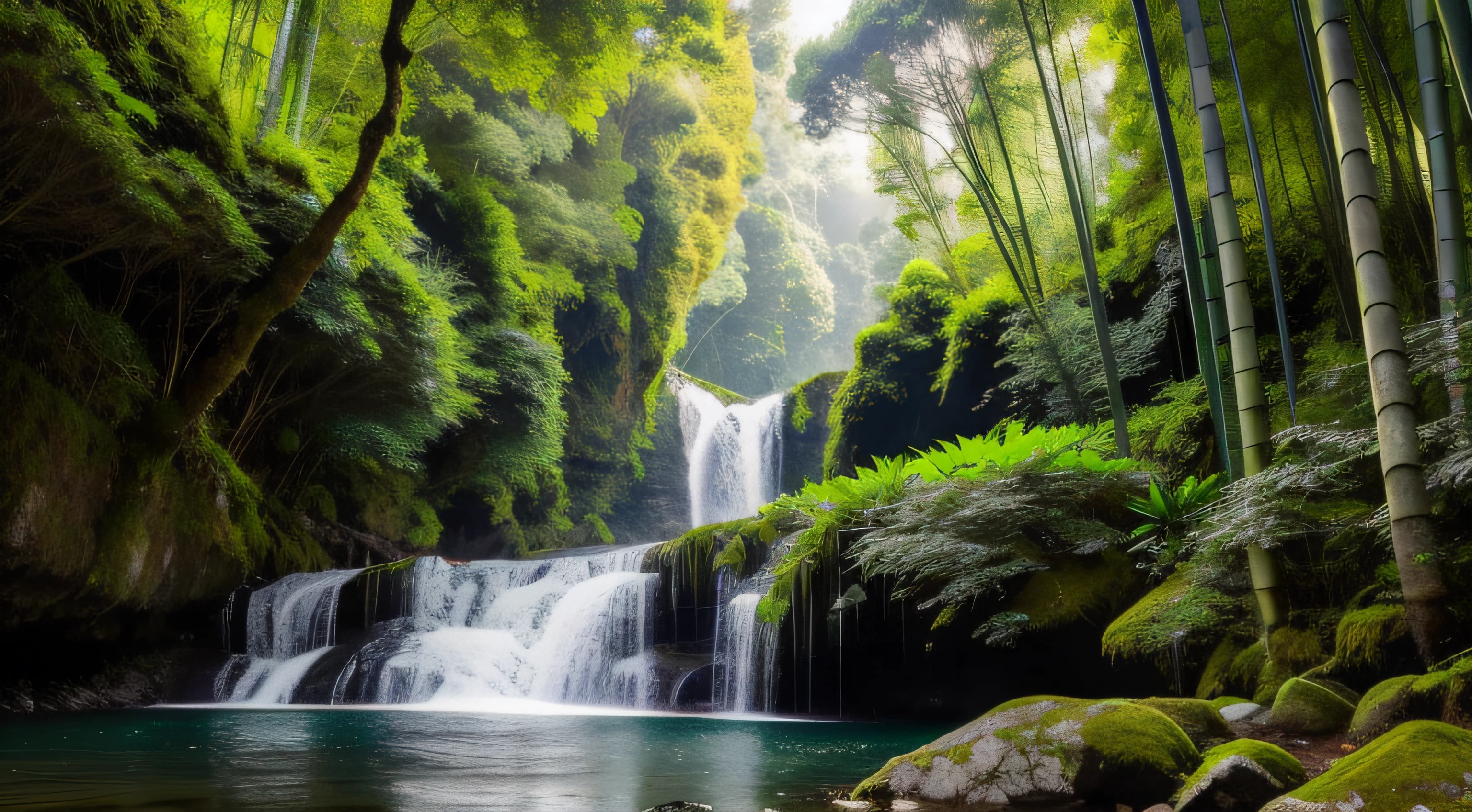 Masterpiece, best quality, 8K, high res, ultra-detailed, A scene of a waterfall cascading down a high cliff amongst lush greenery, adorned by vibrant flowers, towering pines, and delicate bamboo groves,no humans, sakura, beautiful view, ultra-detailed, fine detailed, highly detailed, intricate, highly detailed, ultra-detailed, scenery,no humans, lush green mountains, winding rivers, misty atmosphere, solitary, intricate details, delicate features, verdant trees, blooming flowers, druid's circle, soft moss, deep forest, intricate leaves and vines, wisps of light, still pool of water, pristine, verdant green, A picturesque scene of a waterfall cascading down a high cliff amongst lush greenery, adorned by vibrant flowers, towering pines, and delicate bamboo groves.