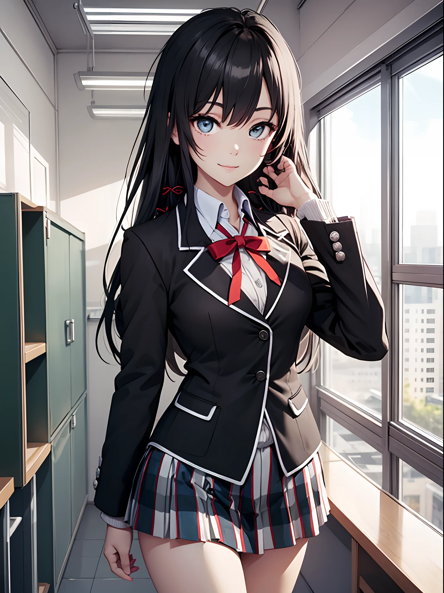 yukinoyukinoshita, yukino yukinoshita, black hair, blue eyes, long hair, BREAK black colored blazer, jacket, plaid, plaid skirt, school uniform, miniskirt, ((sobu high school uniform)), BREAK indoors, classroom, BREAK looking at viewer, (smile), (((one hand on hip))), (medium boobs), ((high socks)), thigh focus, BREAK (masterpiece:1.2), ((cowboy shot)) best quality, high resolution, unity 8k wallpaper, (illustration:0.8), (beautiful detailed eyes:1.6), extremely detailed face, perfect lighting, extremely detailed CG, (perfect hands, perfect anatomy),