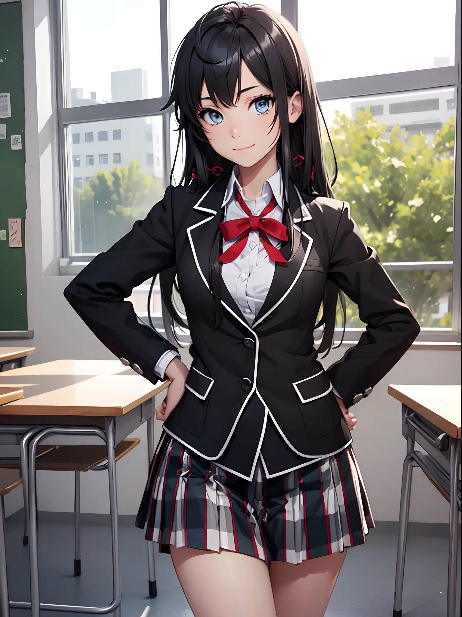 yukinoyukinoshita, yukino yukinoshita, black hair, blue eyes, long hair, BREAK black colored blazer, jacket, plaid, plaid skirt, school uniform, miniskirt, ((sobu high school uniform)), BREAK indoors, classroom, BREAK looking at viewer, (smile), (((one hand on hip))), (medium boobs), ((high socks)), thigh focus, BREAK (masterpiece:1.2), ((cowboy shot)) best quality, high resolution, unity 8k wallpaper, (illustration:0.8), (beautiful detailed eyes:1.6), extremely detailed face, perfect lighting, extremely detailed CG, (perfect hands, perfect anatomy),