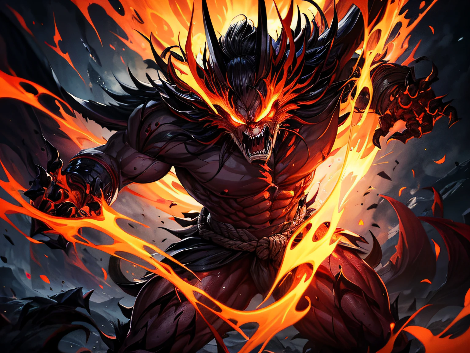 (detailed scene,dynamic composition,action-packed,anime,high-stakes,breathtaking animation:1.1)A fierce battle scene unfolds as Rengoku, the fiery Demon Slayer, engages in a life-or-death battle against a powerful demon. Rengoku, with his unruly red and orange hair, stands tall, his muscular physique exuding strength. His piercing, determined eyes lock onto the demon, showcasing his unwavering resolve. The flames of his Nichirin Blade, enhanced by his Burning Ash technique, dance with intensity, lighting up the night sky and casting an orange glow on the surroundings.
In the backdrop, a moonlit forest sets the stage for this epic clash. The dense, towering trees form a circle around the combatants, adding a sense of confinement and amplifying the tension. Leaves rustle in the wind, as if whispering their anticipation of the impending showdown. Rays of moonlight intermittently break through the foliage, casting ethereal shadows that accentuate the intensity of the battle.
The demon, grotesque and menacing, exudes an aura of malevolence. Its jagged fangs drip with venom, while its jagged claws extend menacingly. The air crackles with energy as the demon unleashes a barrage of attacks, its monstrous form contorting in a display of supernatural agility. Although outnumbered, Rengoku fights valiantly, his swift and precise movements evading the demon's onslaught while launching devastating counterattacks.
The animation style is fluid and captivating, with each frame encapsulating the raw power and emotion of the battle. The strokes and contours mimic the kinetic energy of the combat, bringing to life the adrenaline-fueled clash between good and evil. The colors are vibrant and bold, capturing the brilliance of Rengoku's fire-based techniques and the dark, sinister essence of the demon.
The lighting design enhances the dramatic atmosphere. Moonlight cascades through the leaves, casting intricate patterns of light and shadow on the combatants. The interplay of highligh