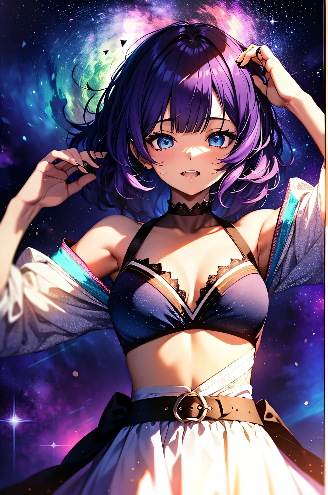 (masutepiece:1.3), (Best Quality:1.3), High resolution, Couboy Shot, on  back,Superb view、(One Cute Girl:1.3), Solo, huge smile、A ring of iridescent angels floats above my head、Angel Ring、Eight-headed body、Colorful starry sky,White dress、Pretend dress、Focus on the brightness of your eyes、sleepy expression、Life-size model、Super sleepy look、waking up、One eye closed、One eye is blocked、Arms raised and yawning loudly、Navel is visible、Purple hair, (bobhair:1.2), Mixed mesh and light blue、Short braids and hair, (Blunt bangs:1.2), Beautiful hair, Eyes are purple, Miraculous Eye、Close your eyes with all your might、Light from the eyes、Eyes are closed（1:4）Beautiful detailed eyes, ultradetailed eyes、Glitter eyes,from the rear、Colorful starry sky,Stars,Iridescent aura around the eyes、Stretch with your hands up、Lie down and stick your hips out、Iridescent eyes、Narrowed eyes sucked in,Wearing a rainbow-colored aura from the whole body、 Shadow lighting,perfectbody