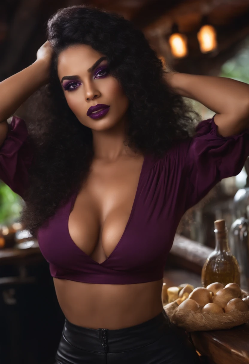 mulher bruxa bonita, com cabelo preto curto, Purple eyes, busto grande, vestiu roupas de bruxa, sentado em uma taverna sorrindo, Realistic, Full HD, Best Quality Giant Tits and Giant Ass