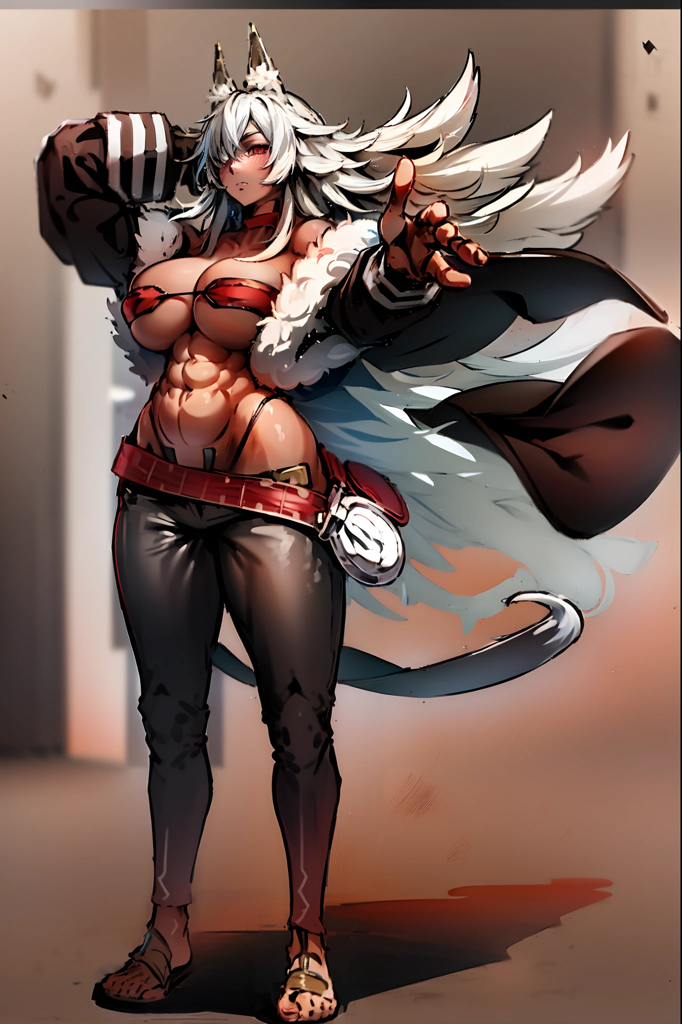 (best quality,4k,8k,highres,masterpiece:1.2),ultra-detailed,(:1.37),ghislaine dedoldia,animal ears,white hair,standing,,full body,boots,warrior,choker,fur trim,large breasts,abs,muscular woman,,pants,flipflops, full body flipflops, , pullover, kimono