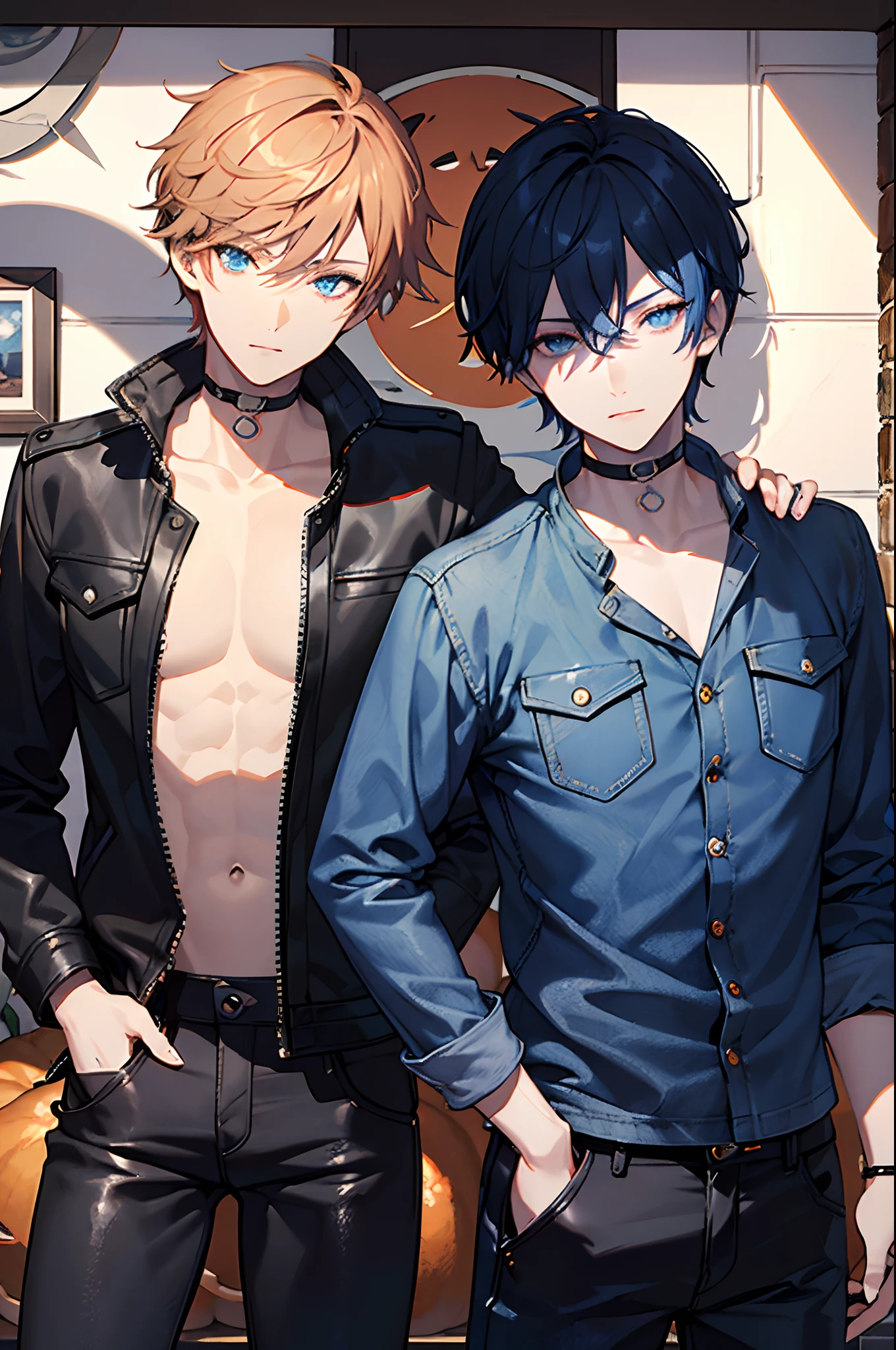 male people Dark blue short hair blue eyess Leather Jean Leather pants pumpkins Halloween Lunette de soleil smoking tobacco masterpiece Top image quality Clear Parts Cinematic Shadows Increased attractiveness of the eyes Clear the shine of the eyes Draw eyelashes neatly Perfect Eye A detailed eye Sharpen image quality Sharpen eye writing Clear eye shape
