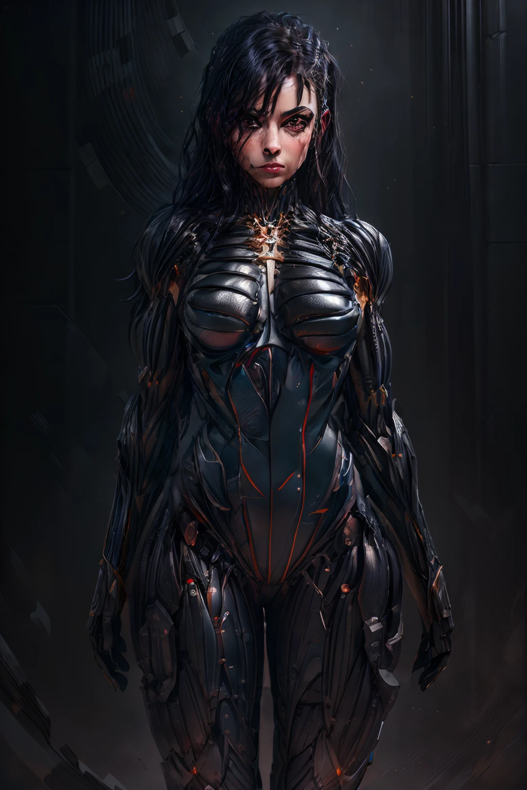 (best quality,4k,8k,highres,masterpiece:1.2),ultra-detailed,(realistic,photorealistic,photo-realistic:1.37),long black hair,fair skin,blue eyes,nanosuit, black leather, fantasy,vivid colors,soft lighting