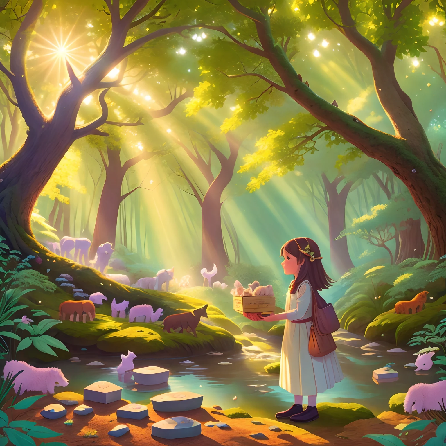  standing in the forest，Facing the Huge Oak Tree, A bright light shone on her ，In her hand she held a box of shimmering stones.Surrounded by animals.Cartoon photography