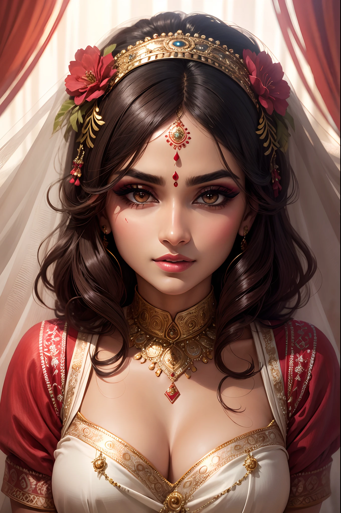 (Comic illustration)Renowned actress at the age of 28 wearing a provocative red silk saree braless, tassel earrings, long hair , saggy breasts ,face makeup, beautiful, alluring,long jhumka earrings , necklace,white skin 