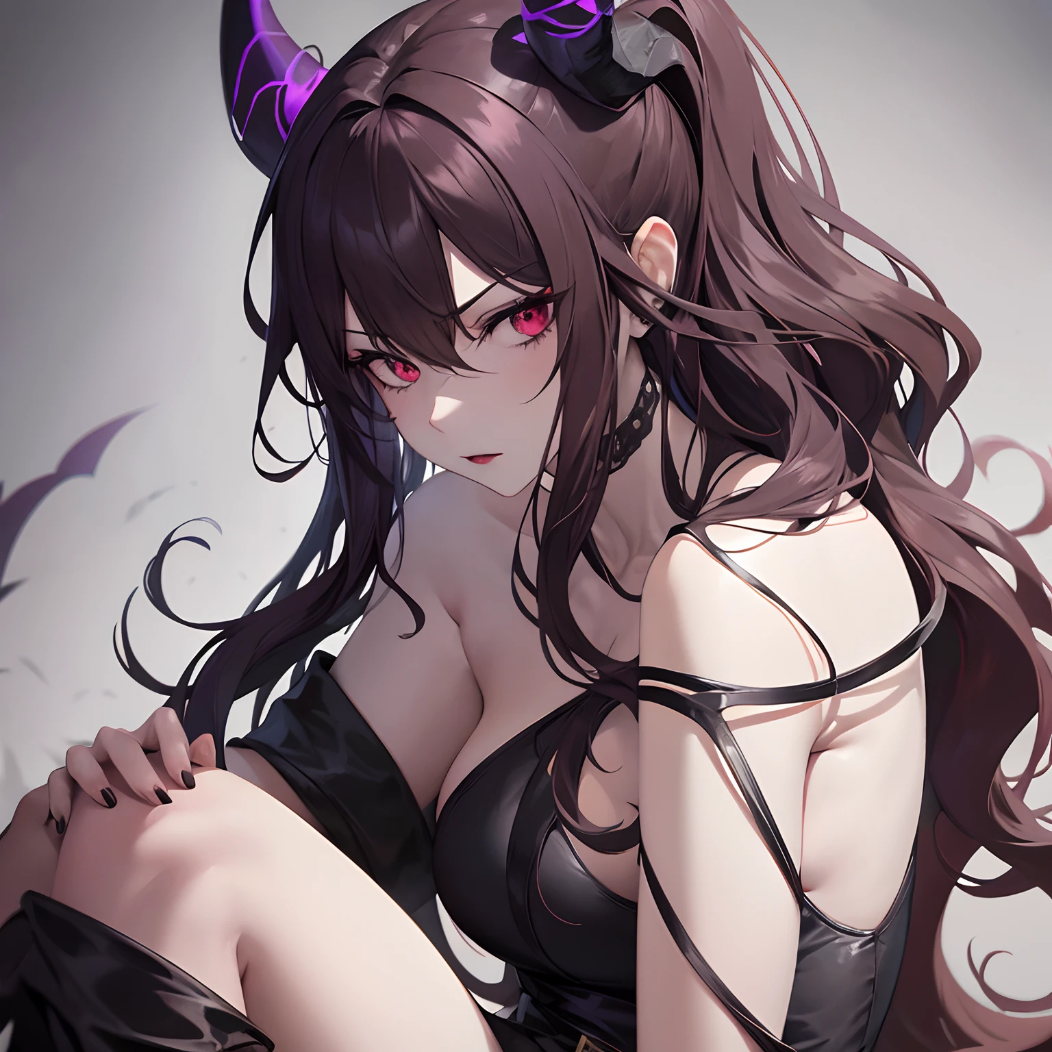 woman, disheveled brown long hair with a purple tint, horns and a dragon tail, a black open dress with lots of details, blank scary gaze with no emotions, red lipstick, pale skin, dark background