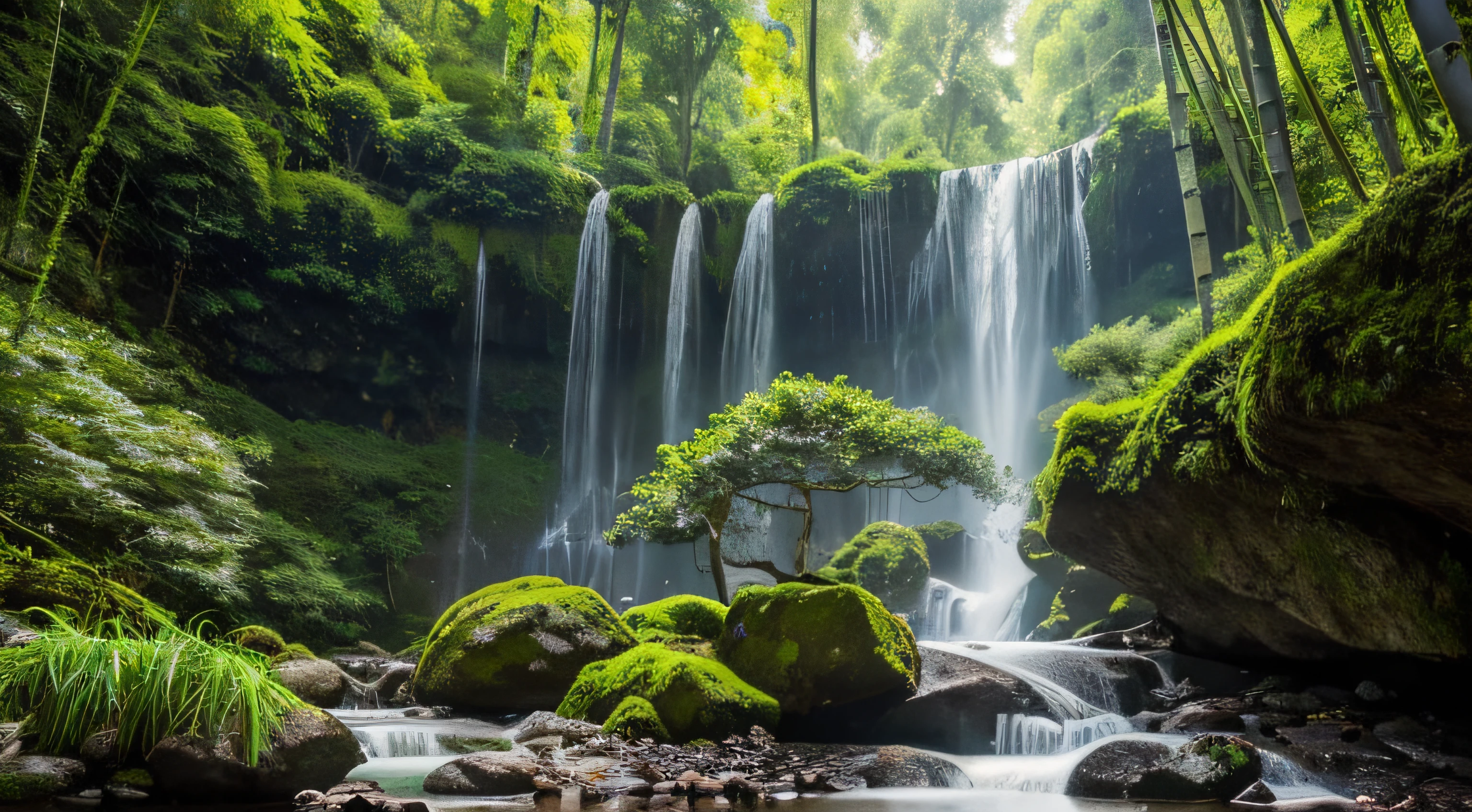 Masterpiece, best quality, 8K, high res, ultra-detailed, A scene of a waterfall cascading down a high cliff amongst lush greenery, adorned by vibrant flowers, towering pines, and delicate bamboo groves,no humans, sakura, beautiful view, ultra-detailed, fine detailed, highly detailed, intricate, highly detailed, ultra-detailed, scenery,no humans, lush green mountains, winding rivers, misty atmosphere, solitary, intricate details, delicate features, verdant trees, blooming flowers, druid's circle, soft moss, deep forest, intricate leaves and vines, wisps of light, still pool of water, pristine, verdant green, A picturesque scene of a waterfall cascading down a high cliff amongst lush greenery, adorned by vibrant flowers, towering pines, and delicate bamboo groves.