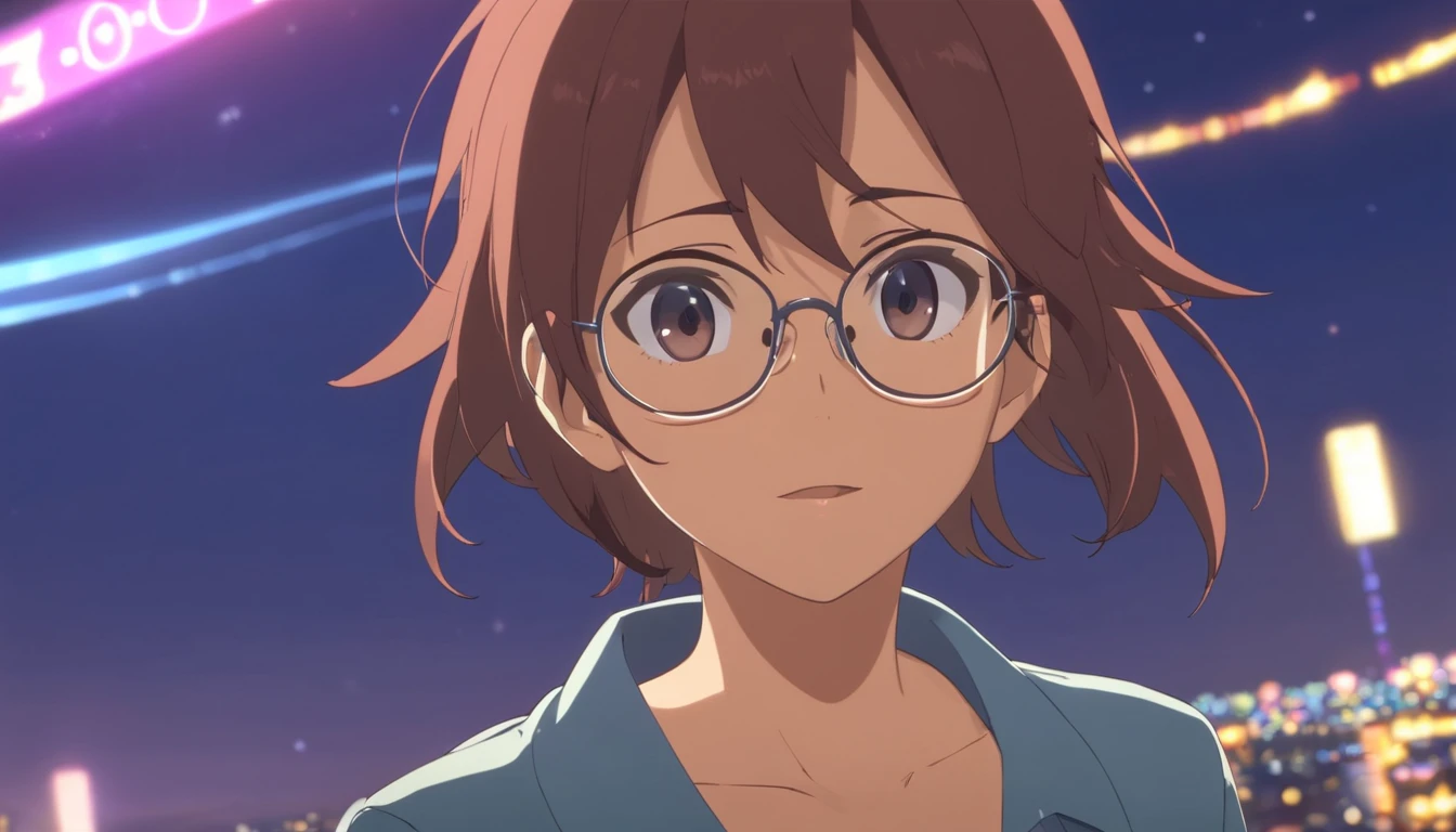 1 girl with dark skin, Small breasts, Wearing thick-rimmed glasses,Highlight her facial features, with short hair, Ponytail and gray, Silver shirt, Under the shirt,She wore another tight shirt, The details in vivid colors are reminiscent of stars and planets in outer space, and blue skirt high-top boots,Non-slip sole,