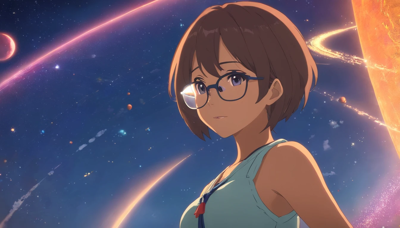 1 girl with dark skin, Small breasts, Wearing thick-rimmed glasses,Highlight her facial features, with short hair, Ponytail and gray, Silver shirt, Under the shirt,She wore another tight shirt, The details in vivid colors are reminiscent of stars and planets in outer space, and blue skirt high-top boots,Non-slip sole,