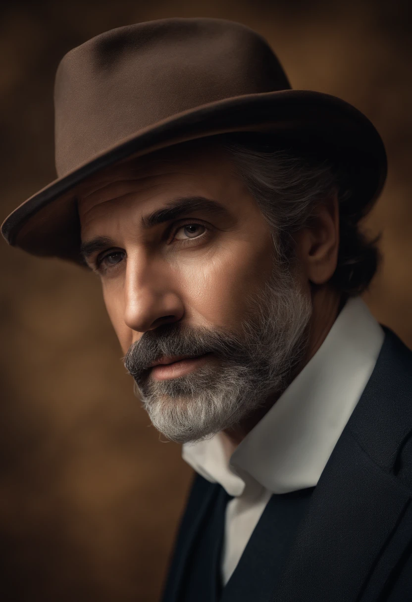 pedro,medium:oil painting,(best quality,4k,8k,highres,masterpiece:1.2),ultra-detailed,(realistic,photorealistic,photo-realistic:1.37),portrait,serious expression,bearded man,aged man,dark eyes,weathered skin,facial wrinkles,gray hair,elegant suit,brown hat,closed lips,strong jawline,studio lighting,vivid colors,warm tones,subtle shadows,concentrated gaze,aged hands,fine brushwork,detailed texture,traditional background,impressive background detail
