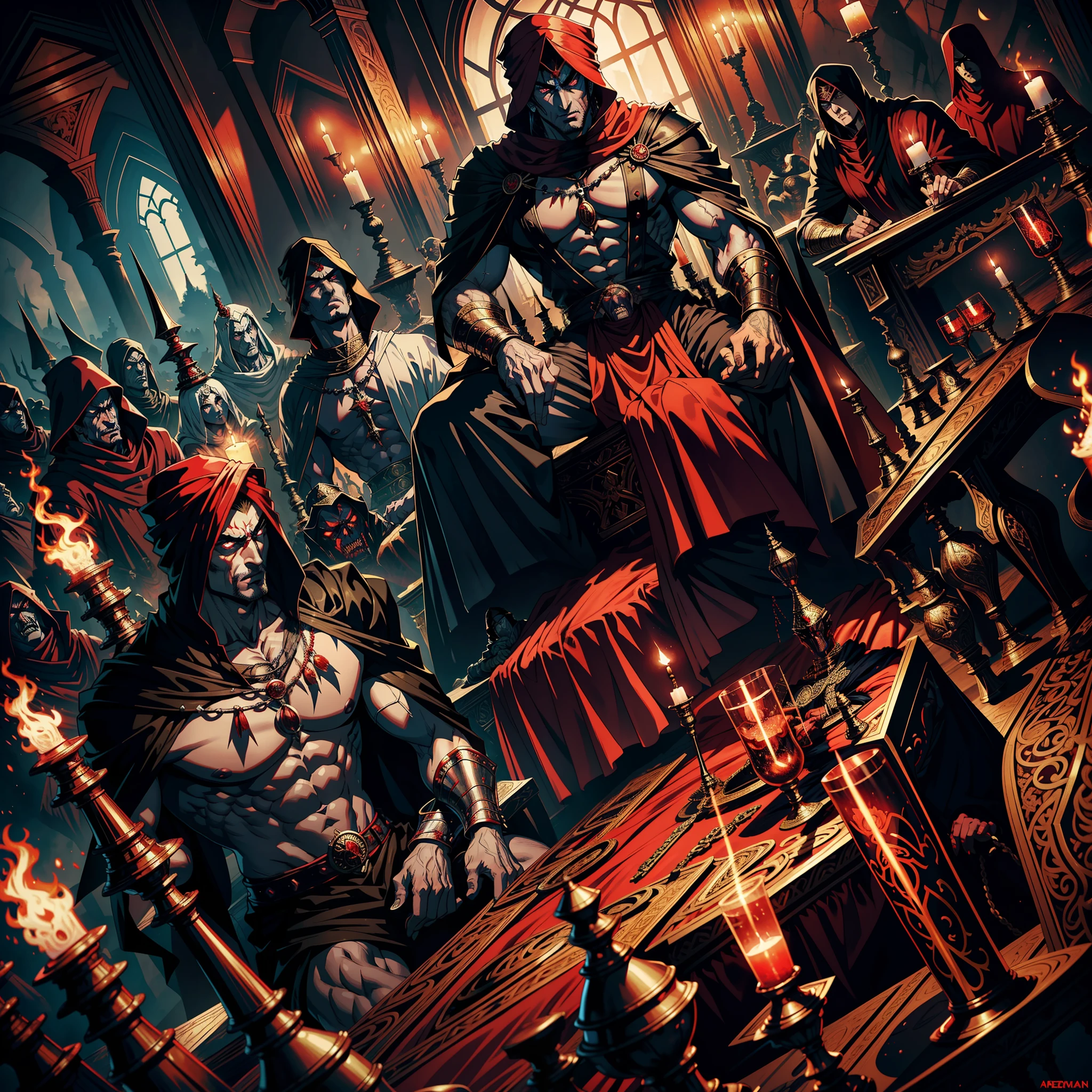 Lord Super Detailed Dynamic Shooting Lord Dracula's Centerpiece Medieval Arab Warrior with Red Turban Scary Face Hokuto No Ken Structure Muscular Face Kenshiro sitting on his legendary Moroccan throne surrounded by demons and 3 scary demons Speaking of old Rolls Royces Cinematic Scenes Epic Movie Hyper Realistic Movie Legendary Movie Epic Movie Epic Movie Epic Movie Enlarged 3D View Bottom Angle