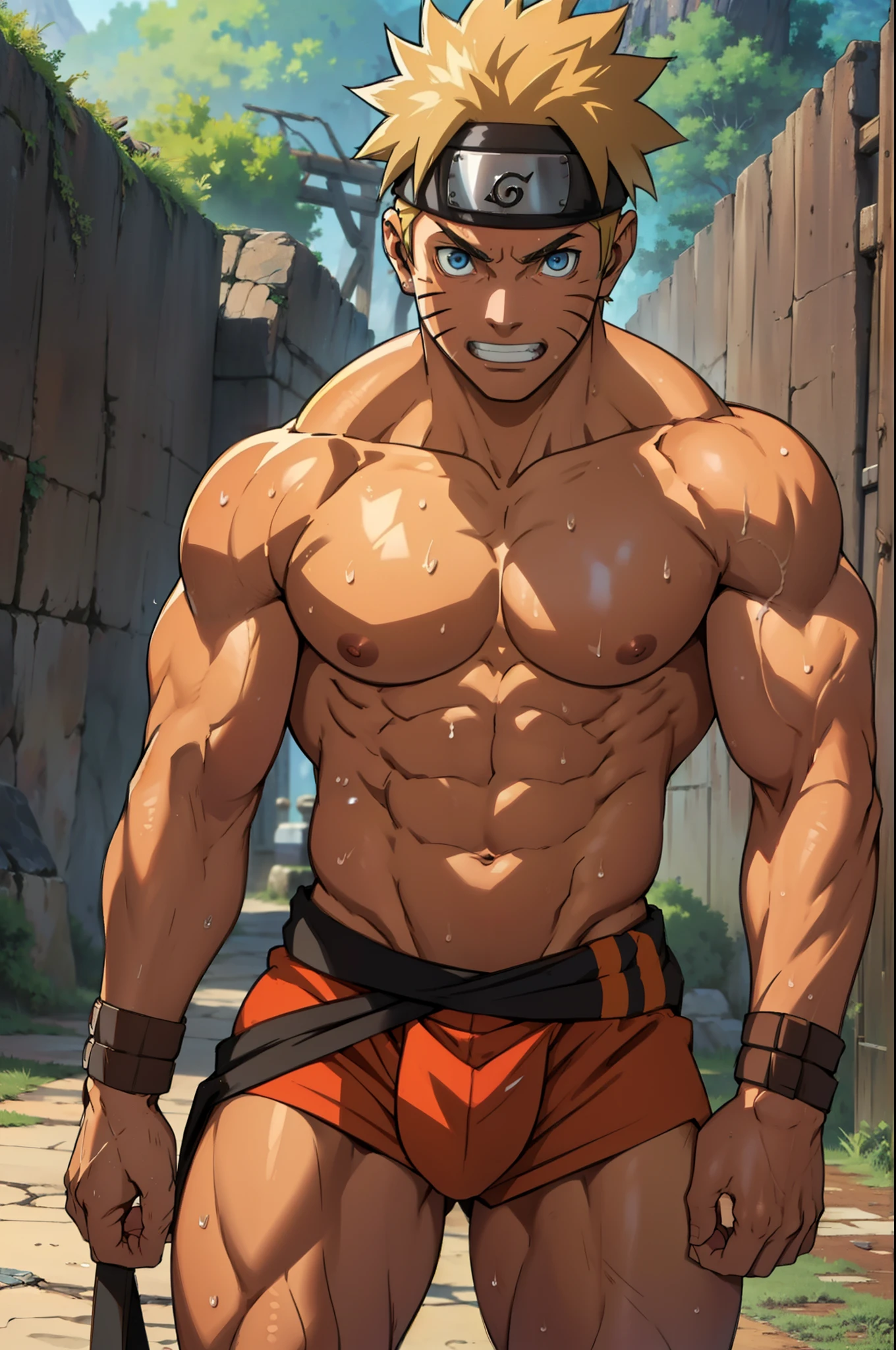 red skin, tanned skin,reddish brown skin(muscular thigh muscles ) (photo angle from bottom up)(Drawings of Naruto anime) (photo angle from the ground upwards) [Anime photo][highest quality photo][4k,HD photo quality ] wear tight and short loincloths  ,the loincloth bulges due to the erect male genitals (muscular thigh muscles, firm thigh muscles, muscular thigh muscles, sinewy thigh muscles, giant thigh muscles, strong leg muscles, muscular hamstring leg muscles)(thigh muscles bulging as if about to explode, muscular, calloused, sinewy, giant) ,Uzumaki Naruto ,fun, happy,bodybuilder,bodybuilding, standing, lots of sweat flowing down, topless, shirtless, hot sunny, (do not wear banners,do not wear headbands) blue eyes, 8 pack abs  , short hair