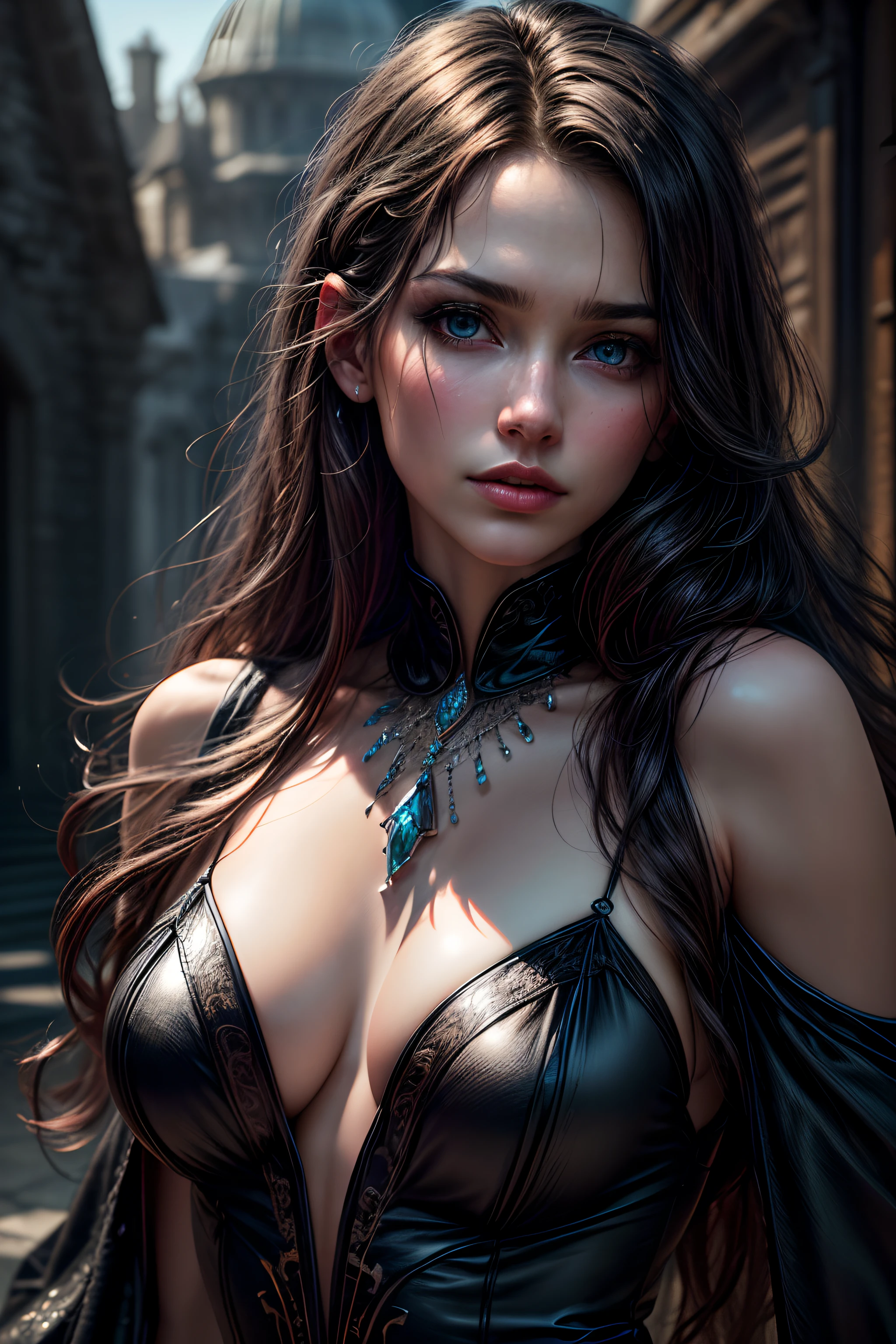 (best quality,4k,8k,highres,masterpiece:1.2),ultra-detailed,(realistic,photorealistic,photo-realistic:1.37),long black hair,fair skin,blue eyes,silk dress,jewels,fantasy,vivid colors,soft lighting