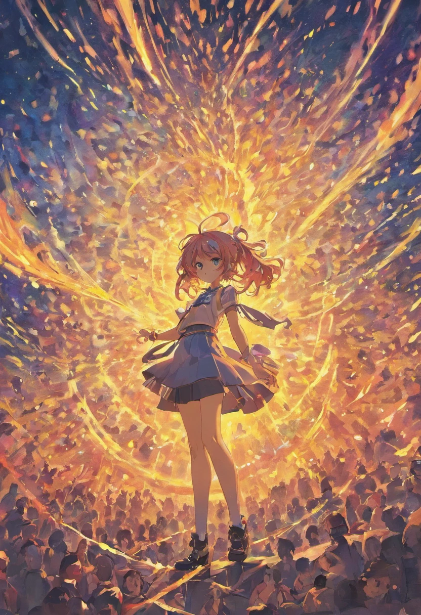 A girl standing in front of a crowd with a fireball - SeaArt AI