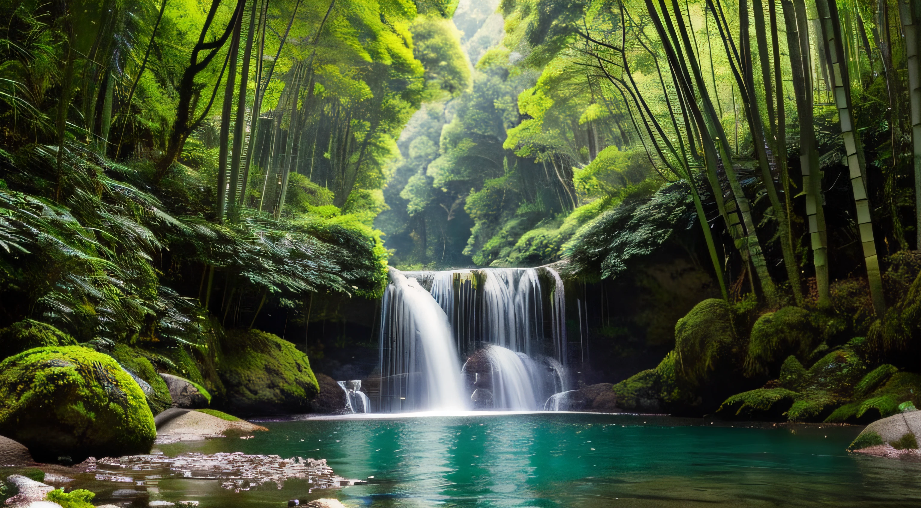 Masterpiece, best quality, 8K, high res, ultra-detailed, A scene of a waterfall cascading down a high cliff amongst lush greenery, adorned by vibrant flowers, towering pines, and delicate bamboo groves,no humans, sakura, beautiful view, ultra-detailed, fine detailed, highly detailed, intricate, highly detailed, ultra-detailed, scenery,no humans, lush green mountains, winding rivers, misty atmosphere, solitary, intricate details, delicate features, verdant trees, blooming flowers, druid's circle, soft moss, deep forest, intricate leaves and vines, wisps of light, still pool of water, pristine, verdant green, A picturesque scene of a waterfall cascading down a high cliff amongst lush greenery, adorned by vibrant flowers, towering pines, and delicate bamboo groves.