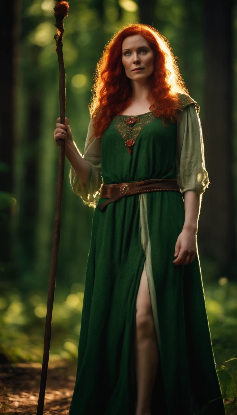 a detailed image of a beautiful druid with white skin and red hair, wearing a green patchwork dress, standing facing foward, holding a wooden magic staff, in a forest of tall trees and lit by the sunlight.