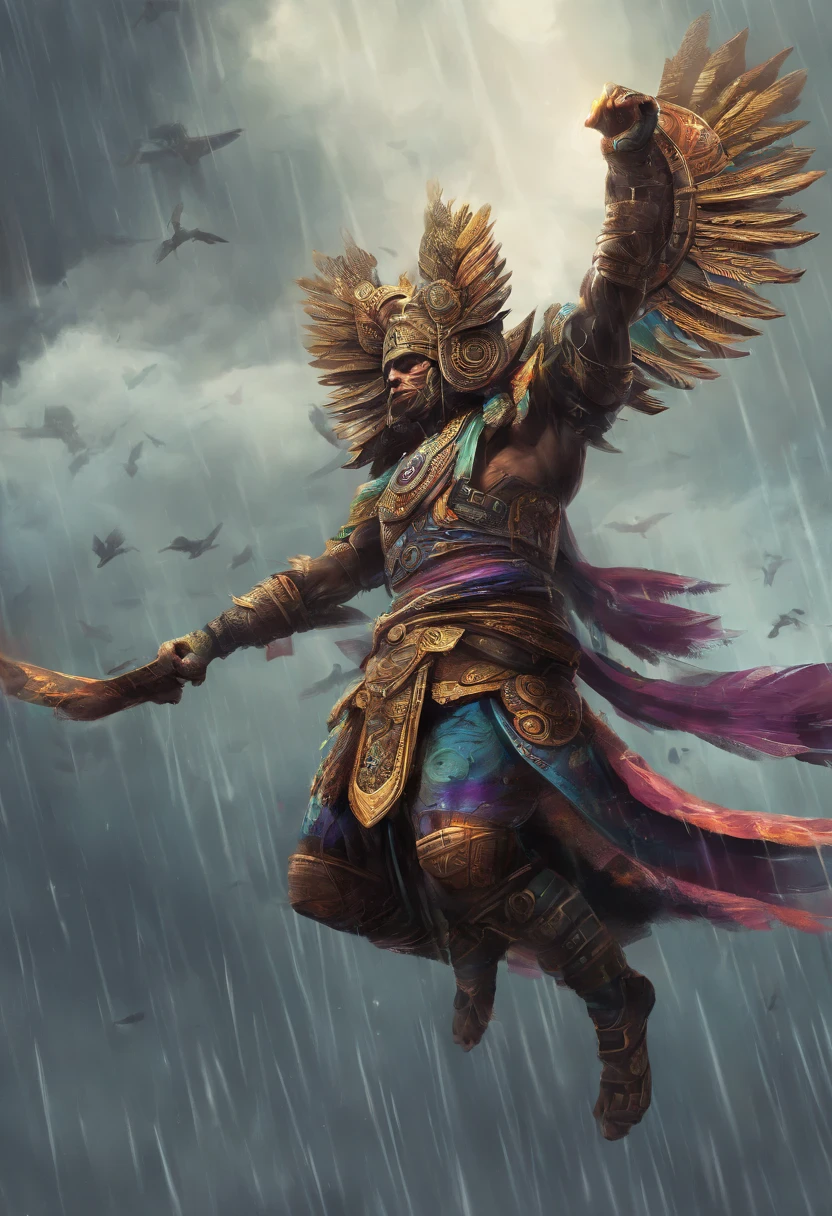 tlaloc dios de la lluvia, volando, dia lluvioso, forma humana, musculoso, hombre