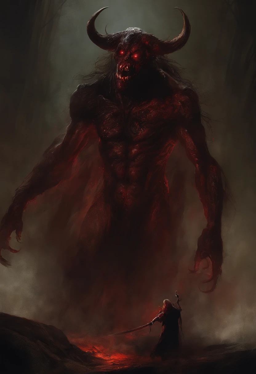 Painting of a demonic creature with a bloodied face and a bloodied head, carnificina, Sci - The Art of Horror Fiction, Science fiction horror arts, inspirado em Aleksi Briclot, As presas da carnificina, Horror art in the fantasy genre, Directed by: Aleksi Briclot, arte conceitual de terror, veneno, Arte de fantasia e terror, Detailed illustration of 4K horror, demonic creature, arte de terror de fantasia sombria, demonic horns, puro mal