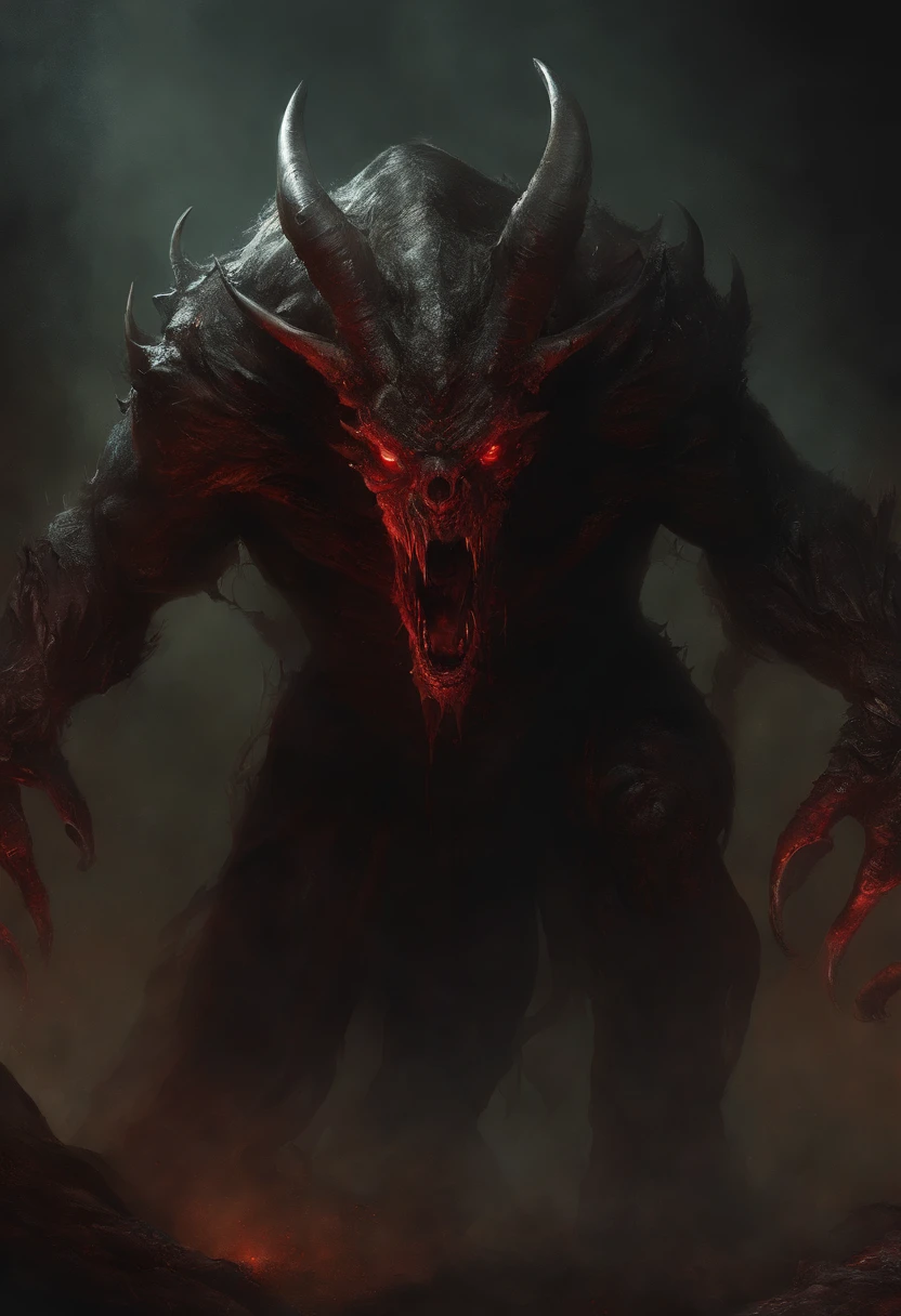 Hellbringers，Black scaled demon monster，giant monster，hooding，Red glowing pupils，devil horns，Terrible fangs，Burning hell dynamic background，fantastical scenes、Horror environment、Ultra photo realsisim，best qualtiy， ultra - detailed， 超高分辨率，