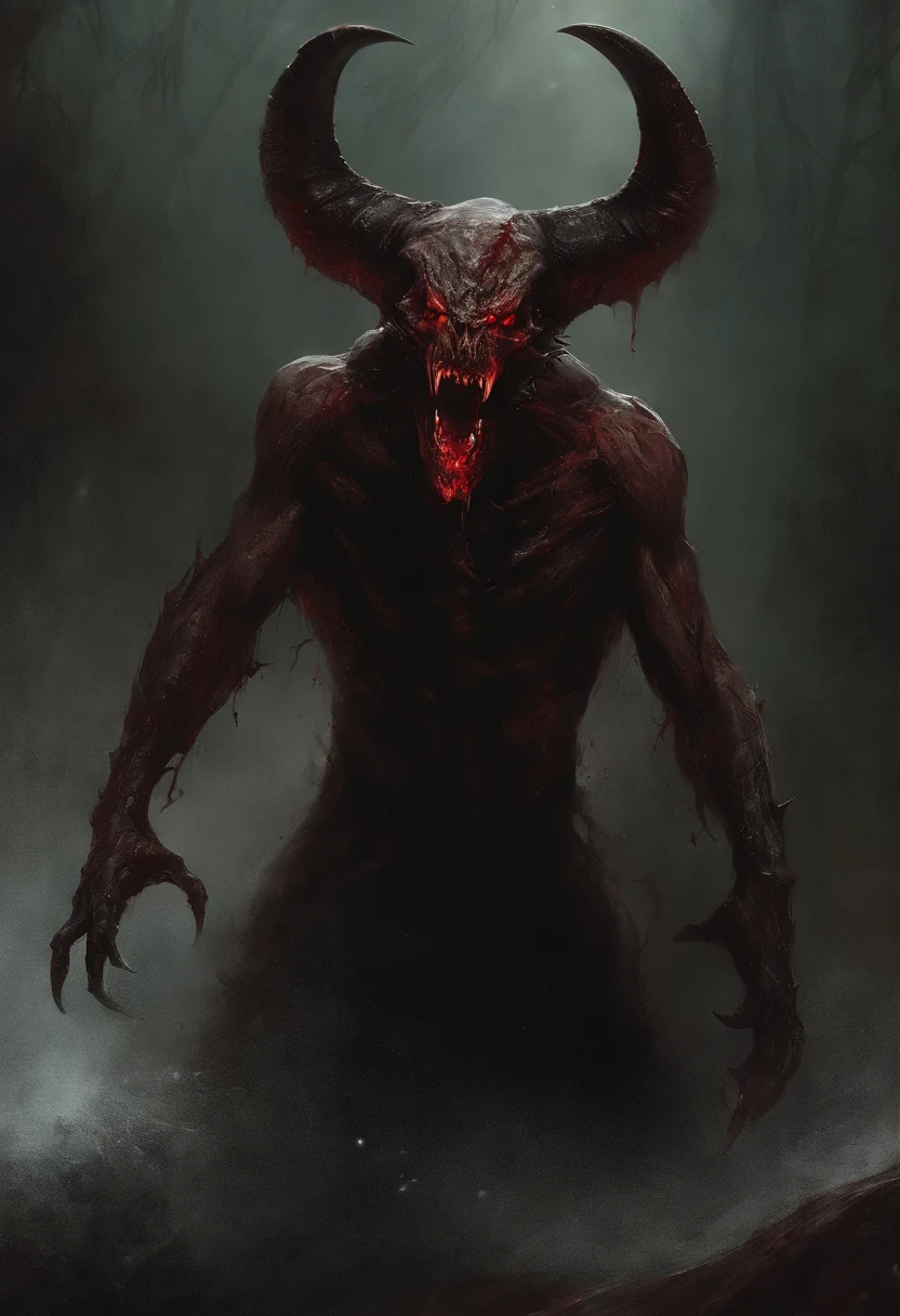 Painting of a demonic creature with a bloodied face and a bloodied head, carnificina, Sci - The Art of Horror Fiction, Science fiction horror arts, inspirado em Aleksi Briclot, As presas da carnificina, Horror art in the fantasy genre, Directed by: Aleksi Briclot, arte conceitual de terror, veneno, Arte de fantasia e terror, Detailed illustration of 4K horror, demonic creature, arte de terror de fantasia sombria, demonic horns, puro mal