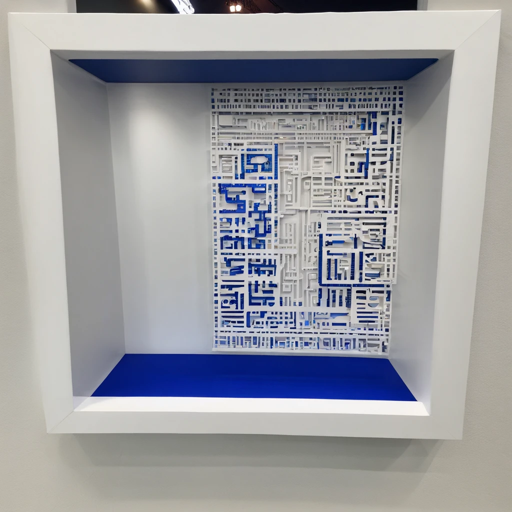 Huge white wall,A square oil painting in pure Klein blue,(hyper realisitc,best qualtiy,tmasterpiece:1.3,8K)