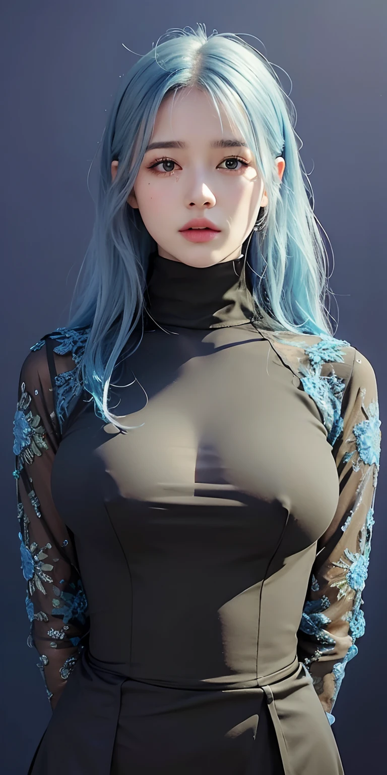 1girl,big breast, blue hair, black clothes, ultra detailed, masterpiece,realistic