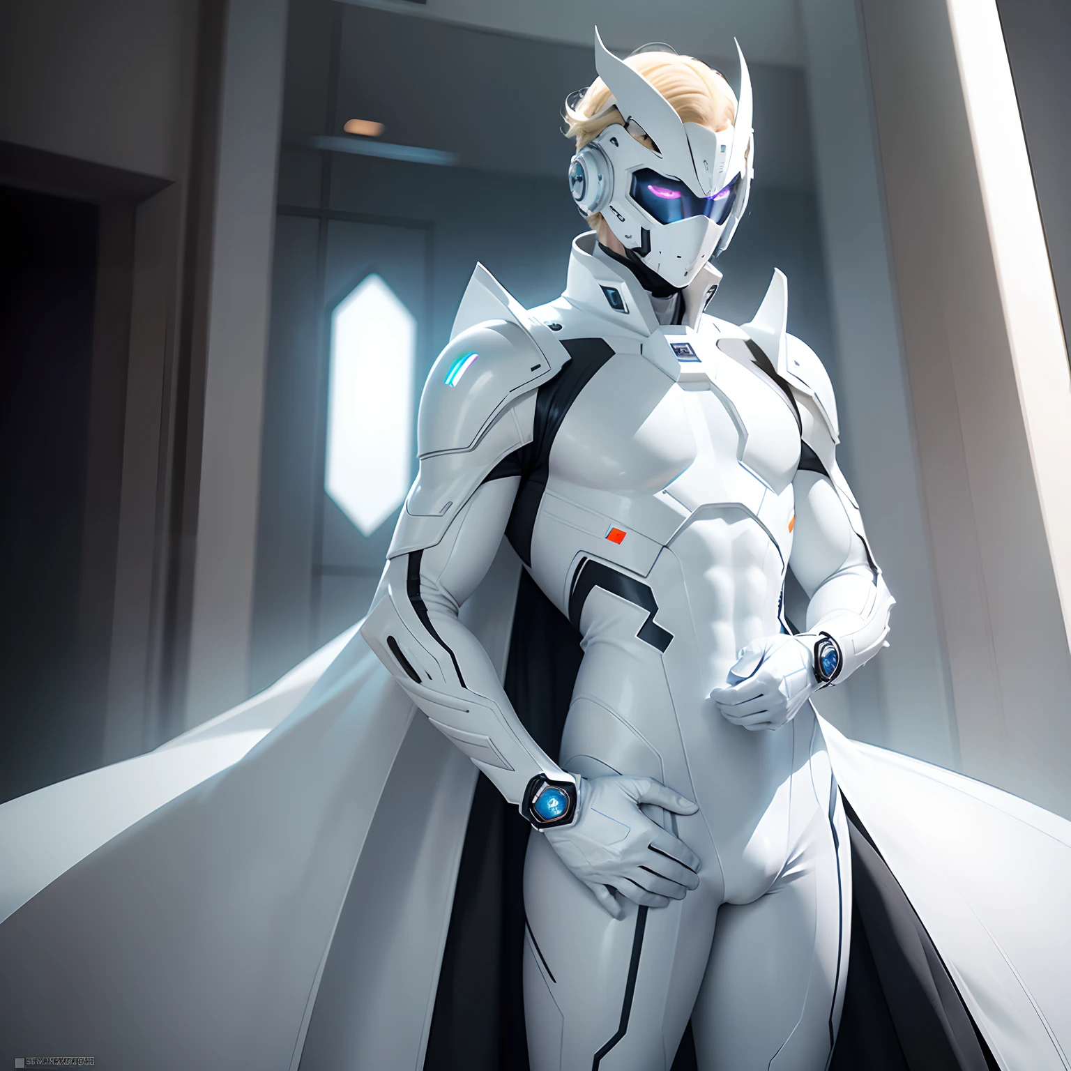 (futuristic, sci fi)Male in all white body suit, blonde hair, white gloves, full body suit, hands visible, hair visible, pale skin, beautiful face, masterpiece, white futuristic mask covering mouth, eyes visible, evil intent,