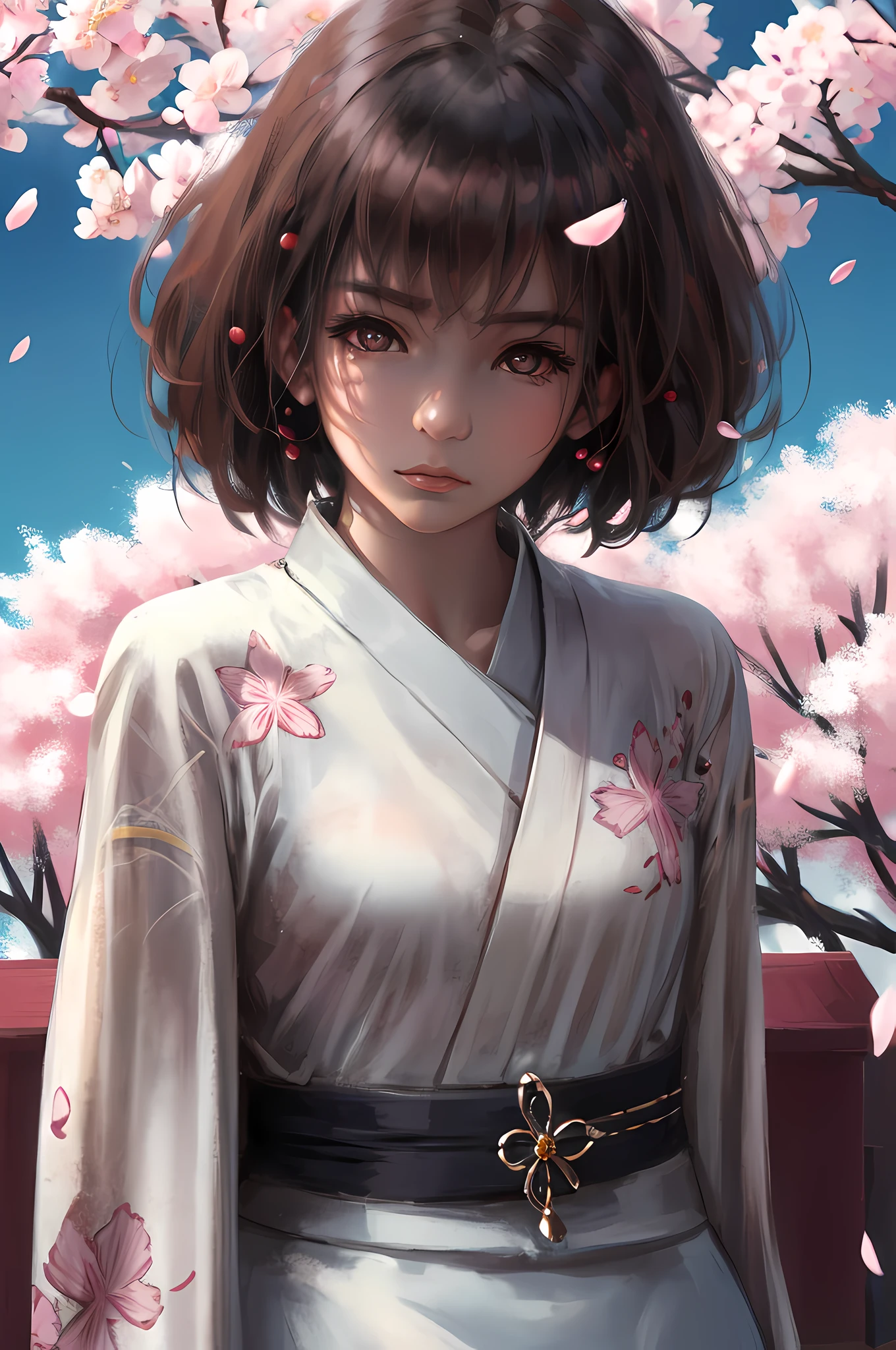 (best quality, masterpiece), 8k resolution, UHD, HDR, hyper-realistic, portrait of a anime girl in her s, expressionless, light brown hair, short hair, hair behind ears, (white kimono outfit with cherry blossom printed on it), blue sky, cherry blossom trees, windy, lake, animals, by Kuvshinov Ilya , WLOP, Contrast color, Warm tones,