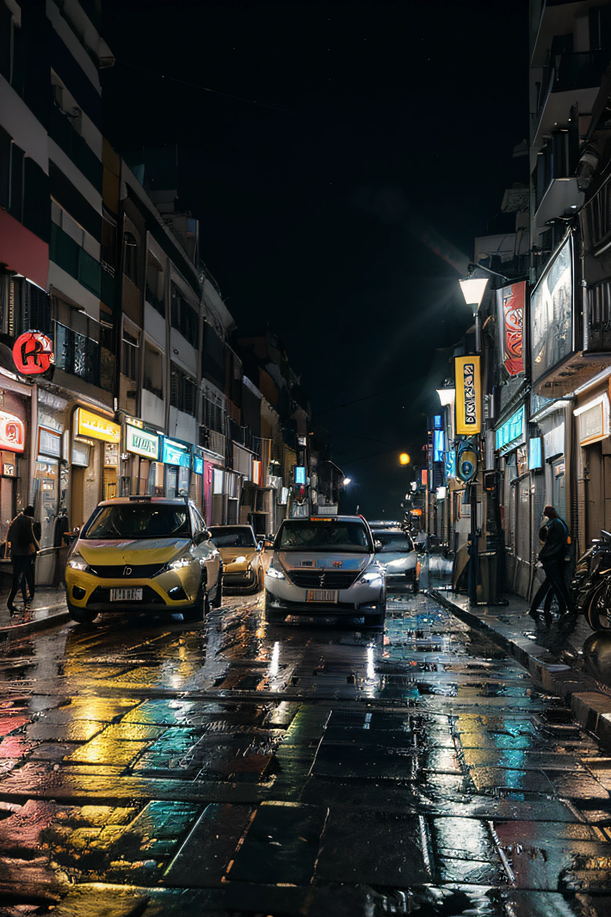 rua em um dia de chuva, com postes, placas de neon, Light Volumetric, rua molhada, a noite, com carros molhados, 8k, realista