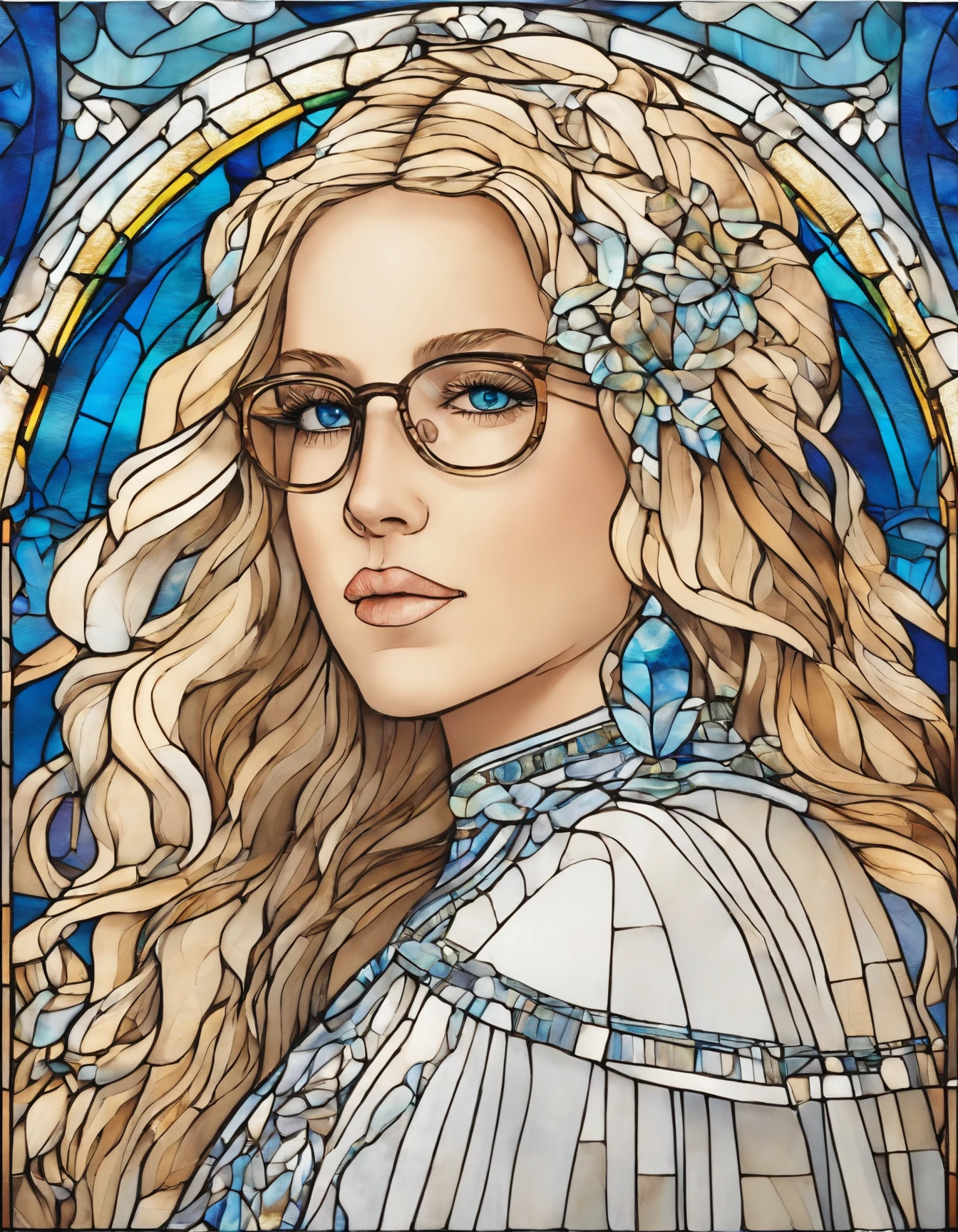 1 menina, 18 anos, alto, low water, blonde, Bonito, cabelo loiro liso com franja, olhos azuis. White dress with blue command as of Our Lady of Grace. wearing prescription glasses.