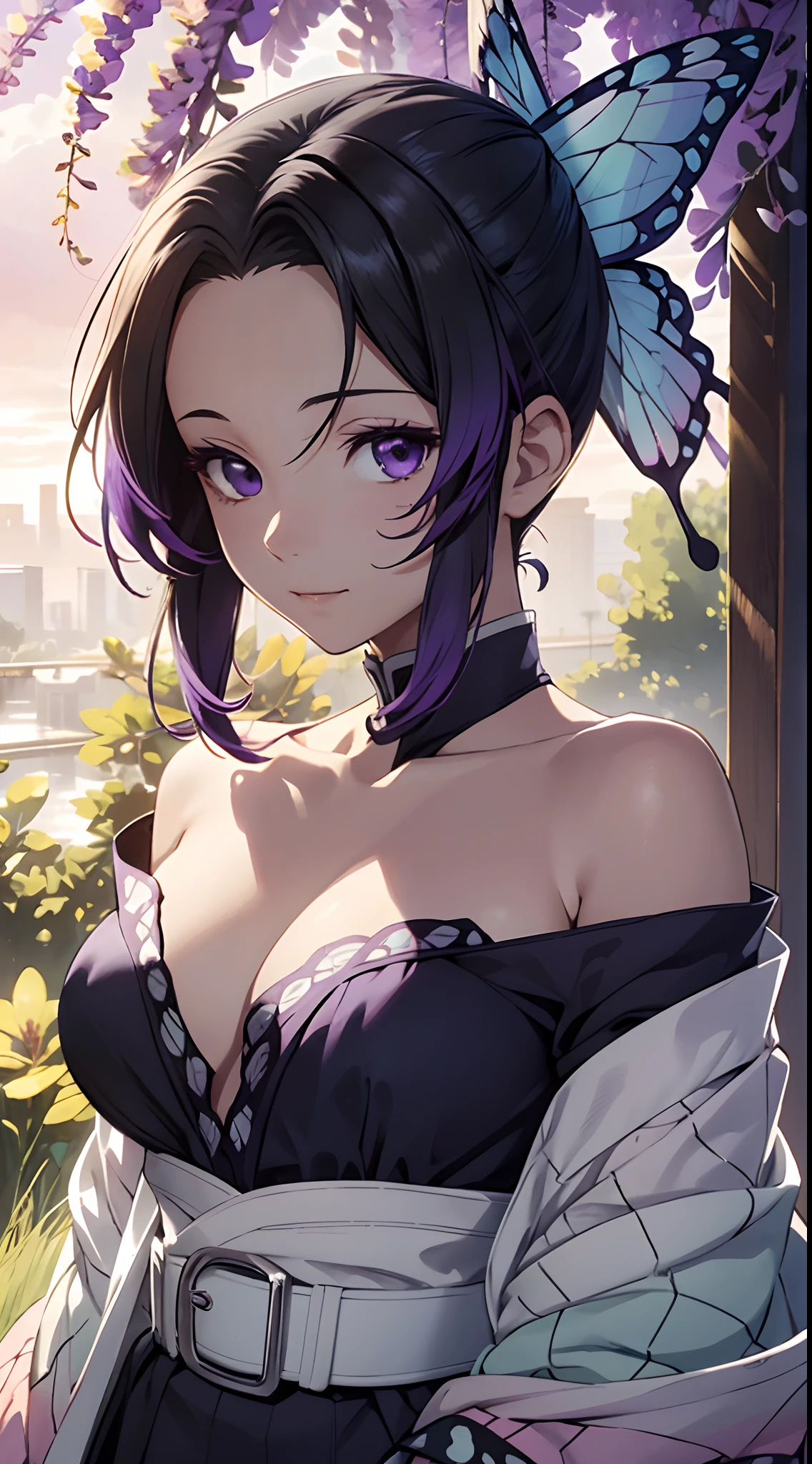 Ultra-realistic 8K CG,tmasterpiece,((Ultra detailed backgrounds,delicate patterns,Complicated details)),Best quality at best,very vey very detailed face,very detailed eyes and faces,Very detailed eyes,Kochou Shinobu,O cabelo multicolorido,No bangs,hair intakes,Purple eye,haori,butterflys,obi strip,(trpical garden:1.2),purple flower,mostly cloudy sky,rays of sunshine,Tyndall effect,Gradient_sky,the face,beautiful sky,Saber on the waist,captivating posture,(Large breasts:1.3),(cleavage:1.3),(Off-the-shoulder attire:1.6)