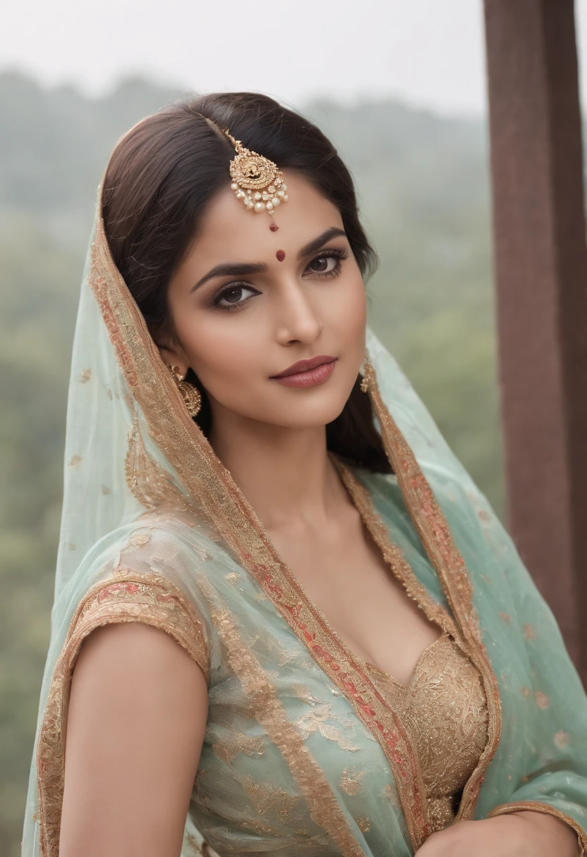 a 25-30 year old woman in a dupatta posing for a picture, indian goddess, tmasterpiece, high quality, traditional beauty, indian, beautiful goddess, indian style, indian super model, beautiful maiden, gorgeous woman, south east asian with long, provocative indian, gorgeous beautiful woman, intricate outfit, hindu aesthetic, beautiful asian girl, extremely detailed goddess shot, jaw-dropping beauty, big boobs deep cleavage, transparent lingerie, sexy, nsfw