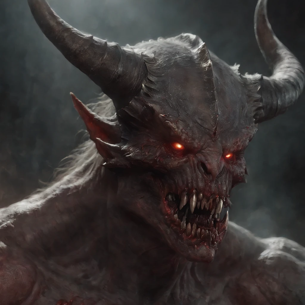 Painting of a demonic creature with a bloodied face and a bloodied head, carnificina, Sci - The Art of Horror Fiction, Science fiction horror arts, inspirado em Aleksi Briclot, As presas da carnificina, Horror art in the fantasy genre, Directed by: Aleksi Briclot, arte conceitual de terror, veneno, Arte de fantasia e terror, Detailed illustration of 4K horror, demonic creature, arte de terror de fantasia sombria, demonic horns, puro mal