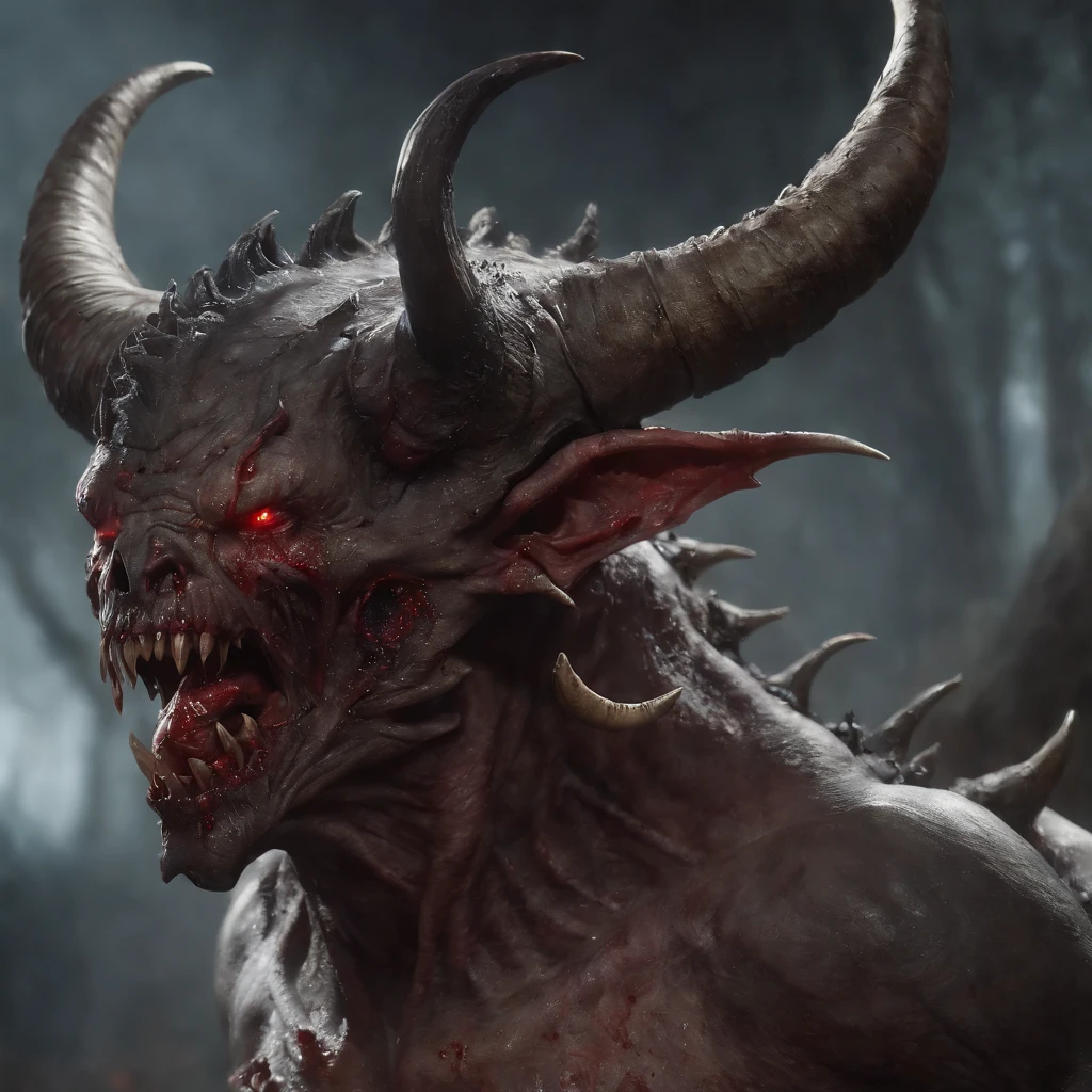 Painting of a demonic creature with a bloodied face and a bloodied head, carnificina, Sci - The Art of Horror Fiction, Science fiction horror arts, inspirado em Aleksi Briclot, As presas da carnificina, Horror art in the fantasy genre, Directed by: Aleksi Briclot, arte conceitual de terror, veneno, Arte de fantasia e terror, Detailed illustration of 4K horror, demonic creature, arte de terror de fantasia sombria, demonic horns, puro mal