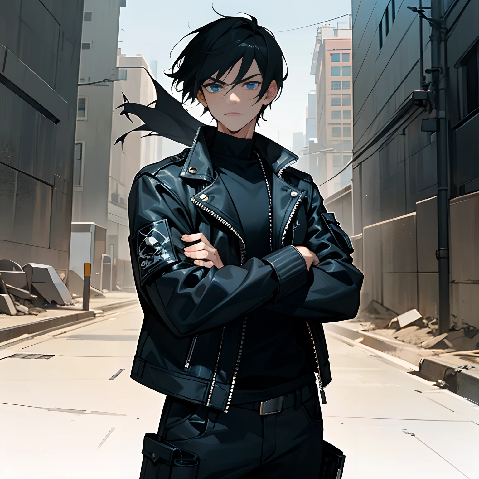 1guy, In an Apocalyptic City, a guy with short black hair and dark blue eyes, black shirt, black biker jacket with a skull and crossbones drawn on it, and black cargo pants, standing with his arms crossed with a motorcycle in the background, holding a revolver, there is a stoic look on his face,