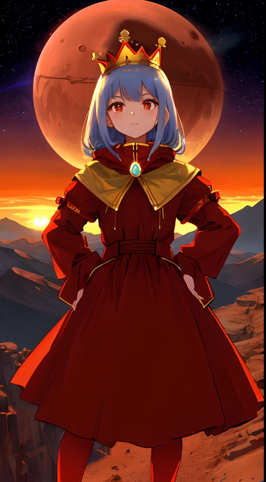 Anthropomorphic image of Mars, young girl, Standing, With your hands on your hips, looking to the sky. She wears a red dress and a crown of stars. Her face is inspired by the features of the planet Mars, with dark red skin, golden eyes, and slender, pointy nose. The background is a stylized image of the planet Mars, Complete with mountains and canyons, and the sunset in the distance.