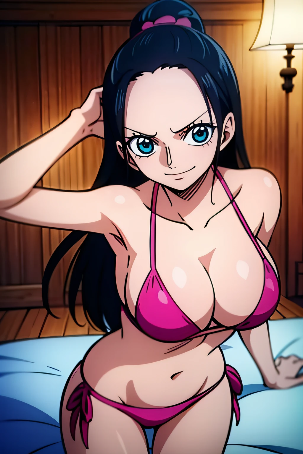 Robin de One Piece, Pose sexy, Y si , Elly, Premios rojo, 8k, anime, ribera, Gran Theta, grande, Se ve sexy perfecta calidad ojos ojos azules, Bikini rosa, Bikini rosa, cama, Casa, Noche, ojos azules,