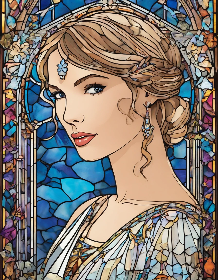 1 , Taylor Swift, 18 anos, o, low water, louro, majo, cabelo loiro liso com franja, olhos azuis. White dress with blue command as of Our Lady of Grace. wearing prescription glasses.