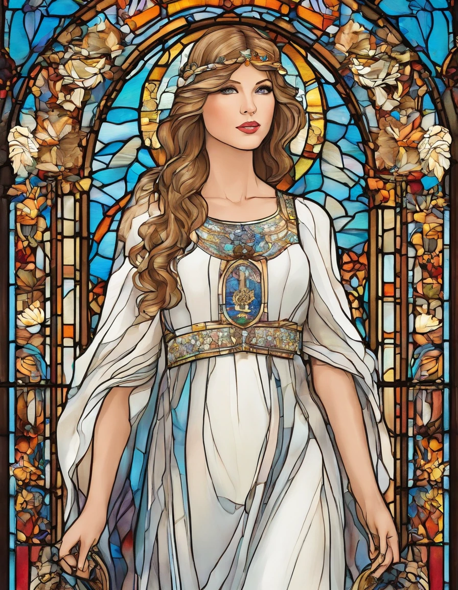 1 menina, Taylor Swift, 18 anos, alto, low water, louro, majo, cabelo loiro liso com franja, olhos azuis. White dress with blue command as of Our Lady of Grace. wearing prescription glasses.