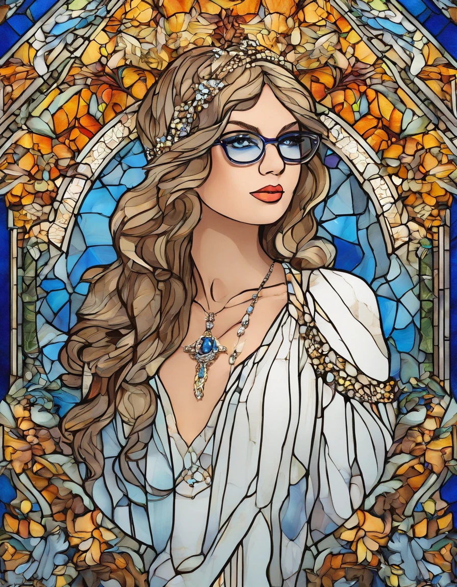 1 menina, Taylor Swift, 18 anos, alto, low water, louro, majo, cabelo loiro liso com franja, olhos azuis. White dress with blue command as of Our Lady of Grace. wearing prescription glasses.