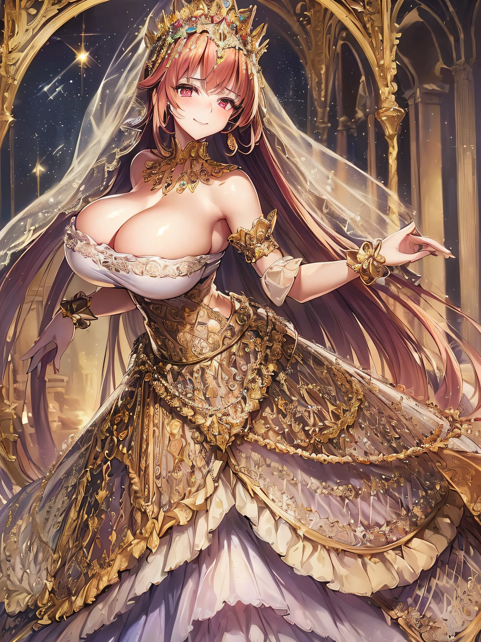 ((Anime Art Style)),(masutepiece),(Best Quality), (Super Detail),(Highly detailed CG Unity 8k wallpaper),((Very delicate and beautiful)),1 Lady,((Full body portrait)),((Stand in the garden)),((Solo)),(((One princess in a very gorgeous Rococo princess ball gown and a voluminous full-length hoop skirt adorned with gorgeous embroidery and jewels))),(((Giant Crinoline Hoop Skirt))),Long Train,((Gorgeous embroidery and jewelry)),voluminous ruffles,(((very very gigantic boobs,Skindentation))),cleavage,((Very long straight hair,Very voluminous straight long hair,Very long straight hair)),(finely detailed face and eyes),((Seductive smile,embarrassed)),Beautiful eyes like jewels,Very gorgeous hair ornament,(A very gorgeous tiara adorned with sparkly jewels),((Glitter Gorgeous Gemstone Jewelry)),Gorgeous Long Veil,((ultra long gloves)),(Beautiful background),(Full body),((Very gorgeous Rococo princess ball gown with gorgeous embroidery and jewels and voluminous full-length hoop skirt))