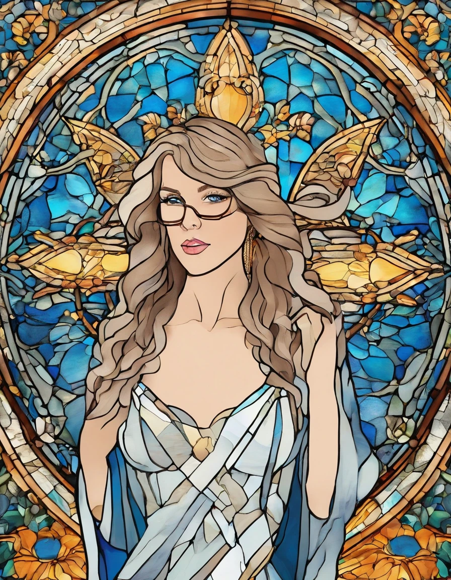 1 menina, Taylor Swift, 18 anos, alto, low water, louro, majo, cabelo loiro liso, cabelo com franja, olhos azuis. White dress with blue command as of Our Lady of Grace. wearing prescription glasses.