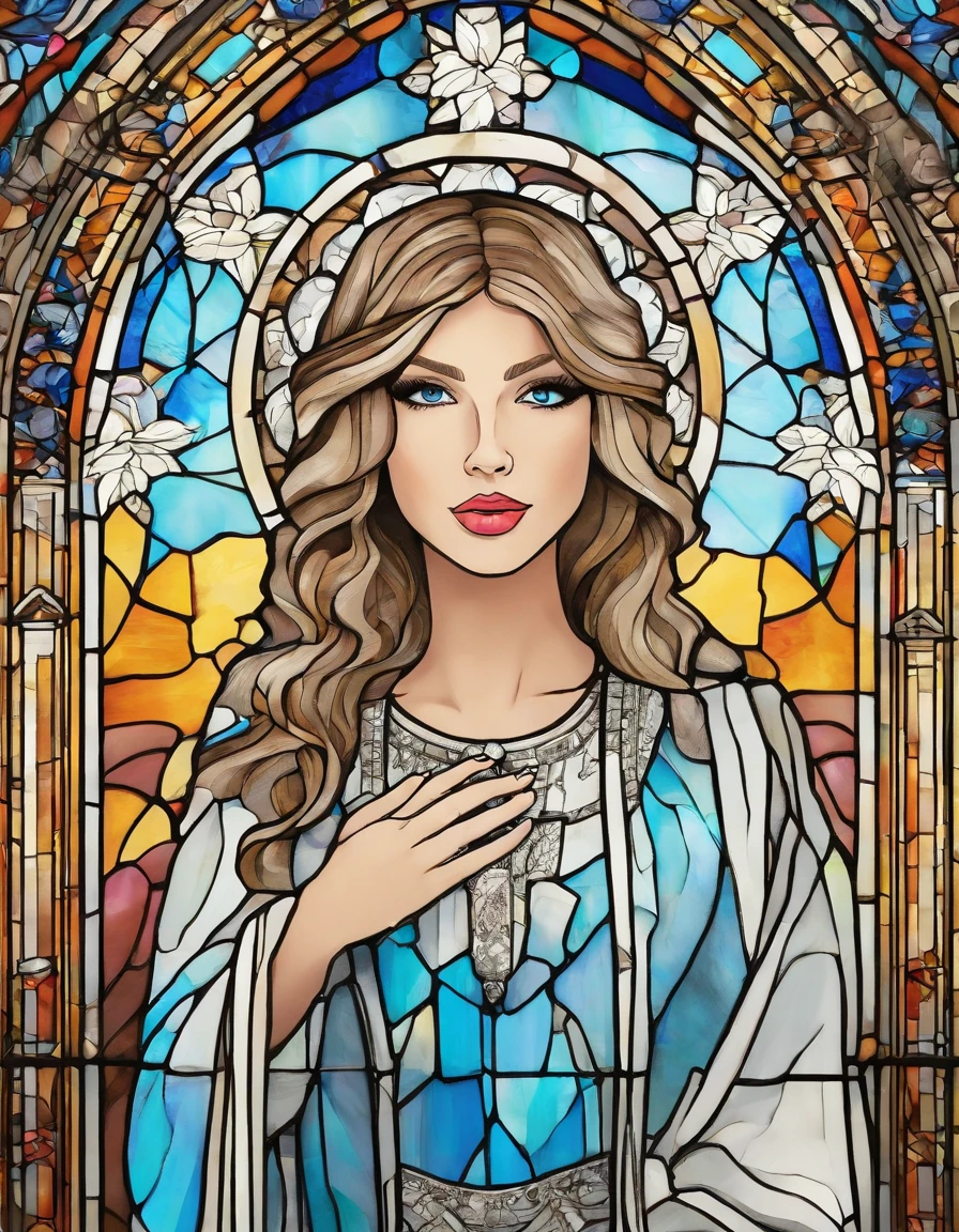 1 , Taylor Swift, 18 anos, alto, low water, louro, majo, cabelo loiro liso, cabelo com franja, olhos azuis. White dress with blue command as of Our Lady of Grace. wearing prescription glasses.