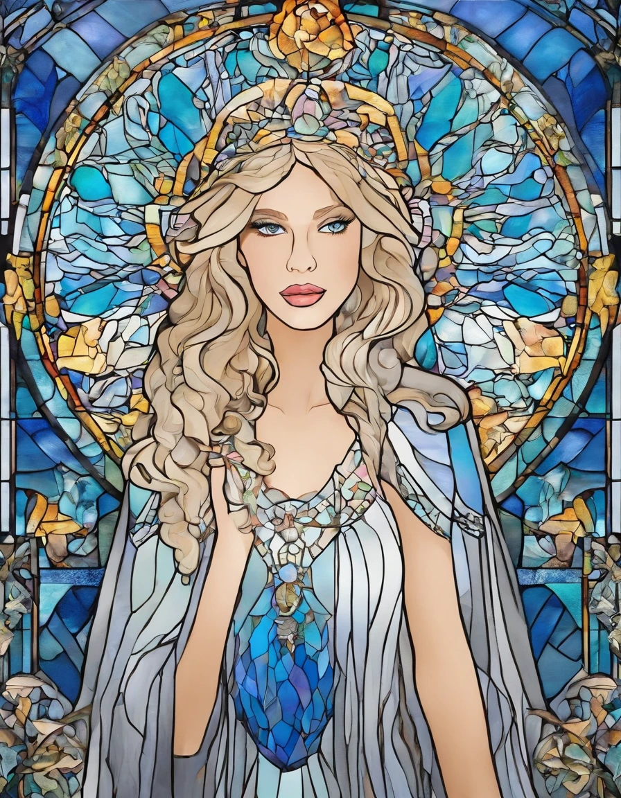 1 menina, Taylor Swift, 18 anos, alto, low water, louro, majo, cabelo loiro liso, cabelo com franja, olhos azuis. White dress with blue command as of Our Lady of Grace. wearing prescription glasses.