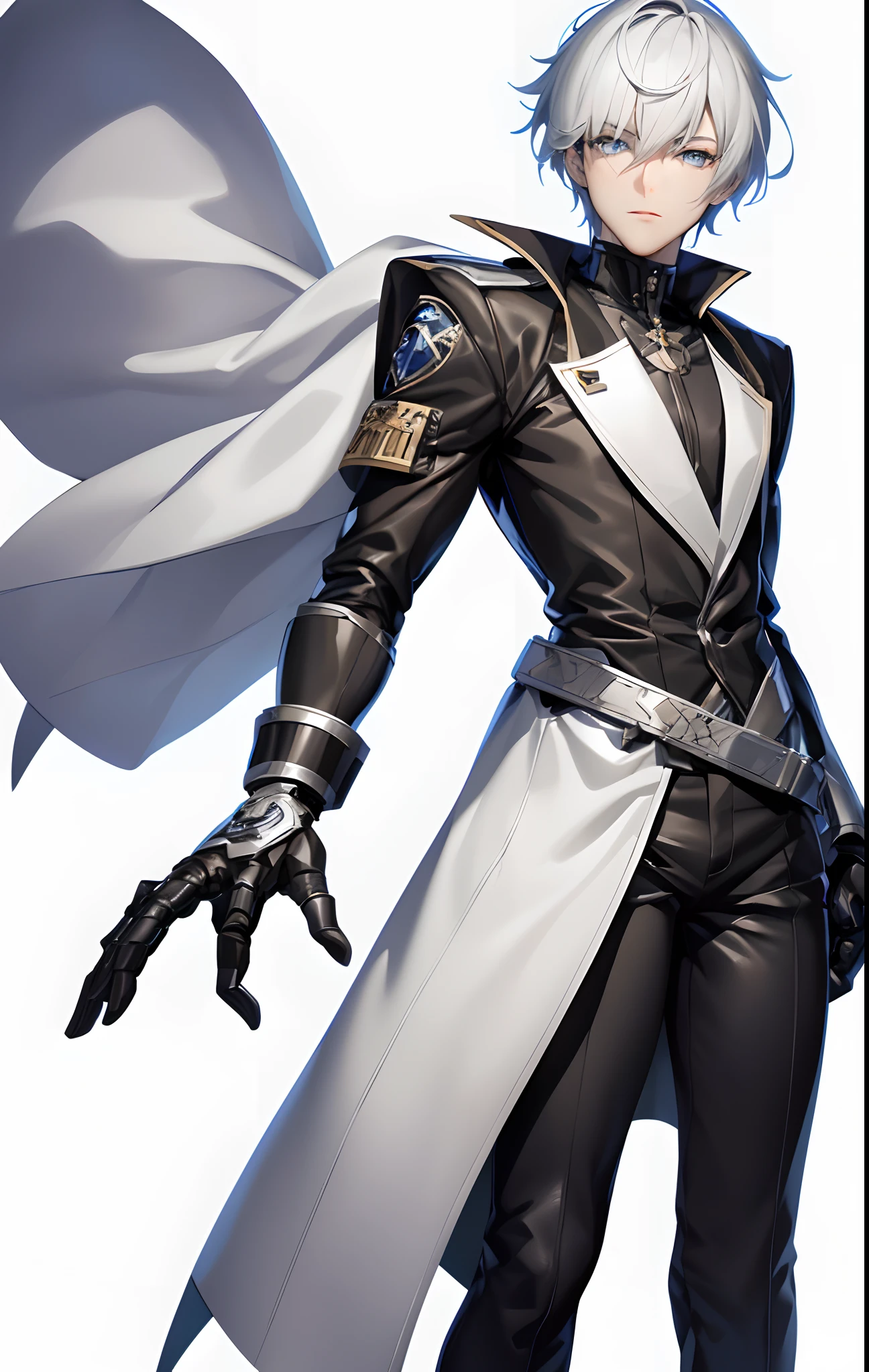 (Best quality,4K,8K,A high resolution,Masterpiece:1.2),(Full character),Stand upright,Ultra-detailed,Character standing drawing,(Transparent background),jrpg character art, male anime character,Single male character,White trench coat,Black jeans,Silvery hair,Black and white pupils,Left-handed robotic arm